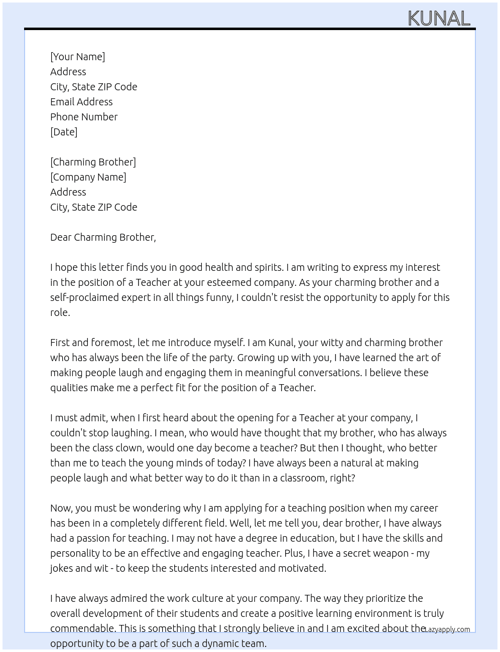Teacher  At To brother  Cover Letter