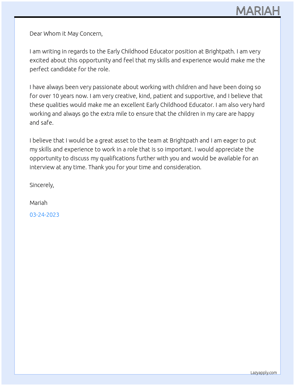 Early childhood educator At Brightpath Cover Letter