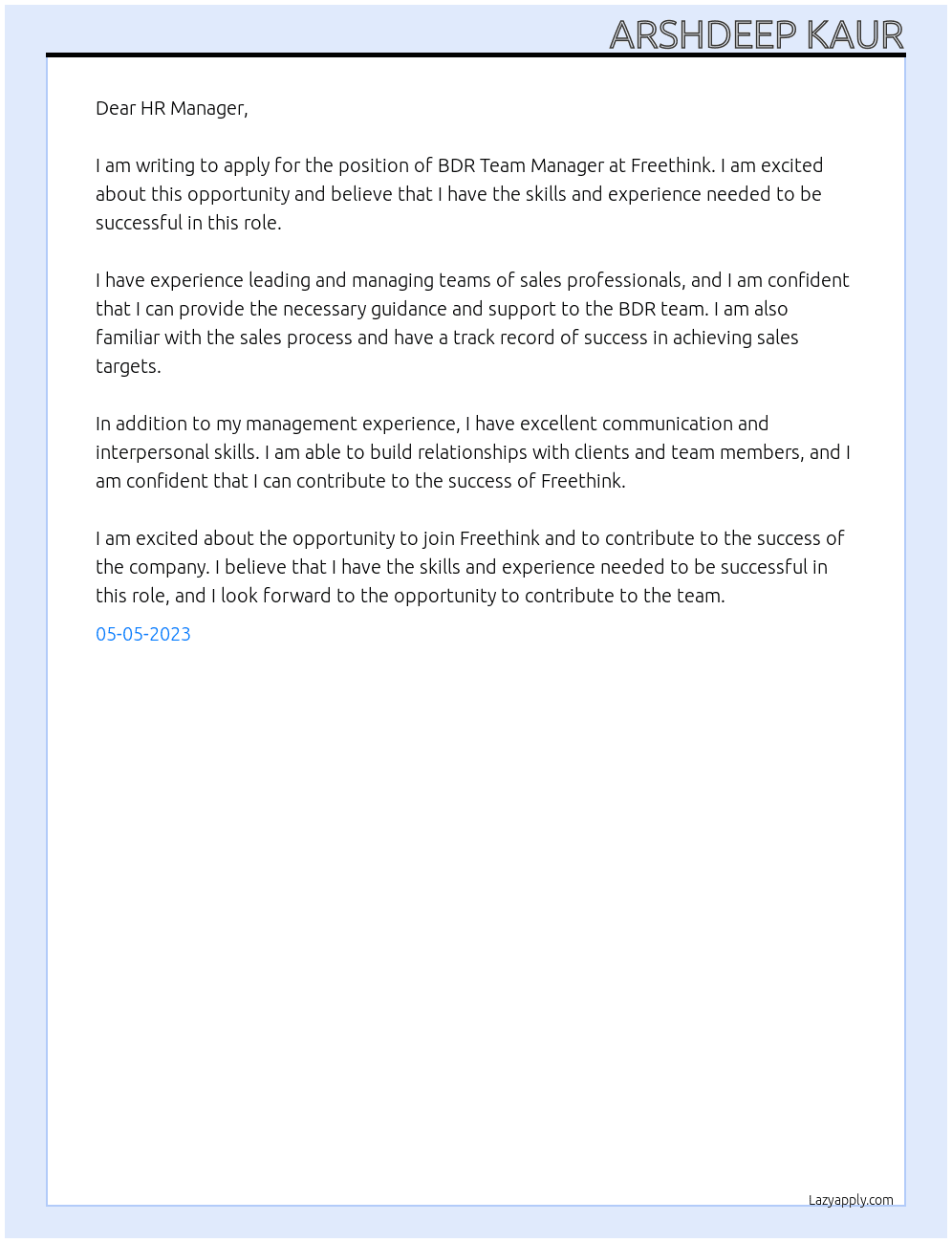 BDR Team Manager At Freethink Cover Letter