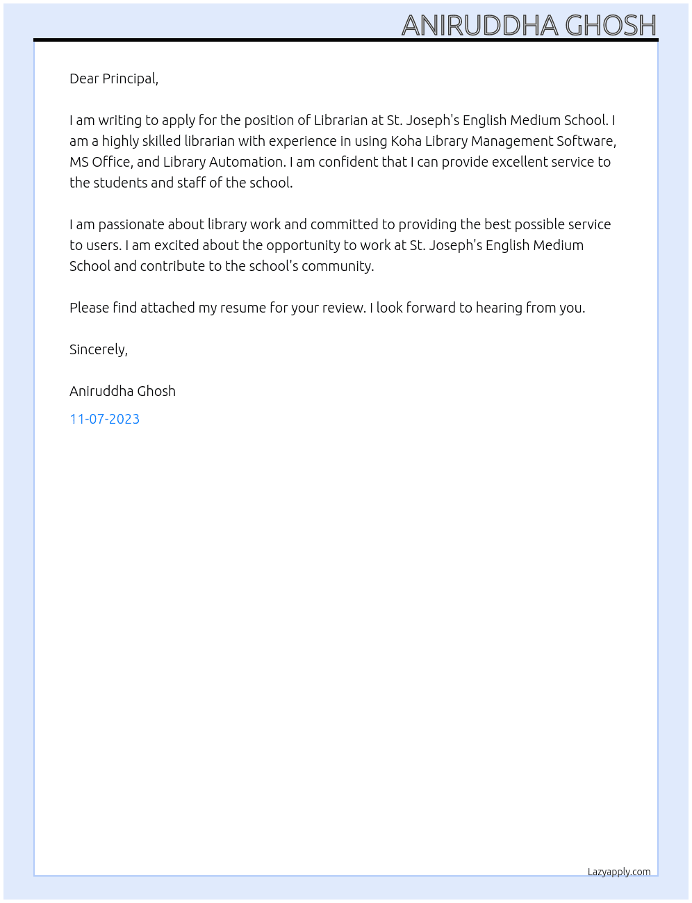 Librarian At St. Joseph's English Medium School Cover Letter