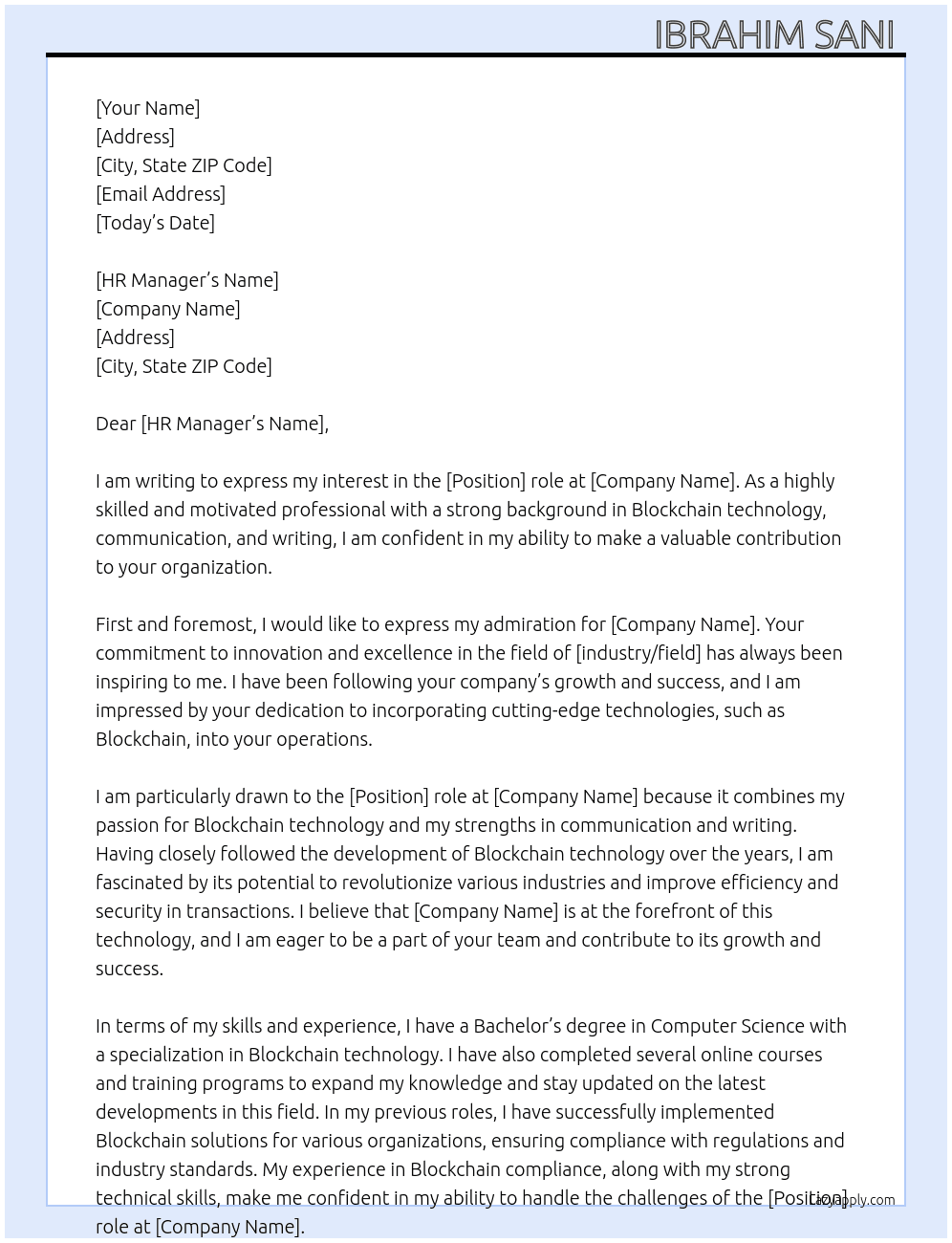 Blockchain technology or communication or writing  At havib Cover Letter