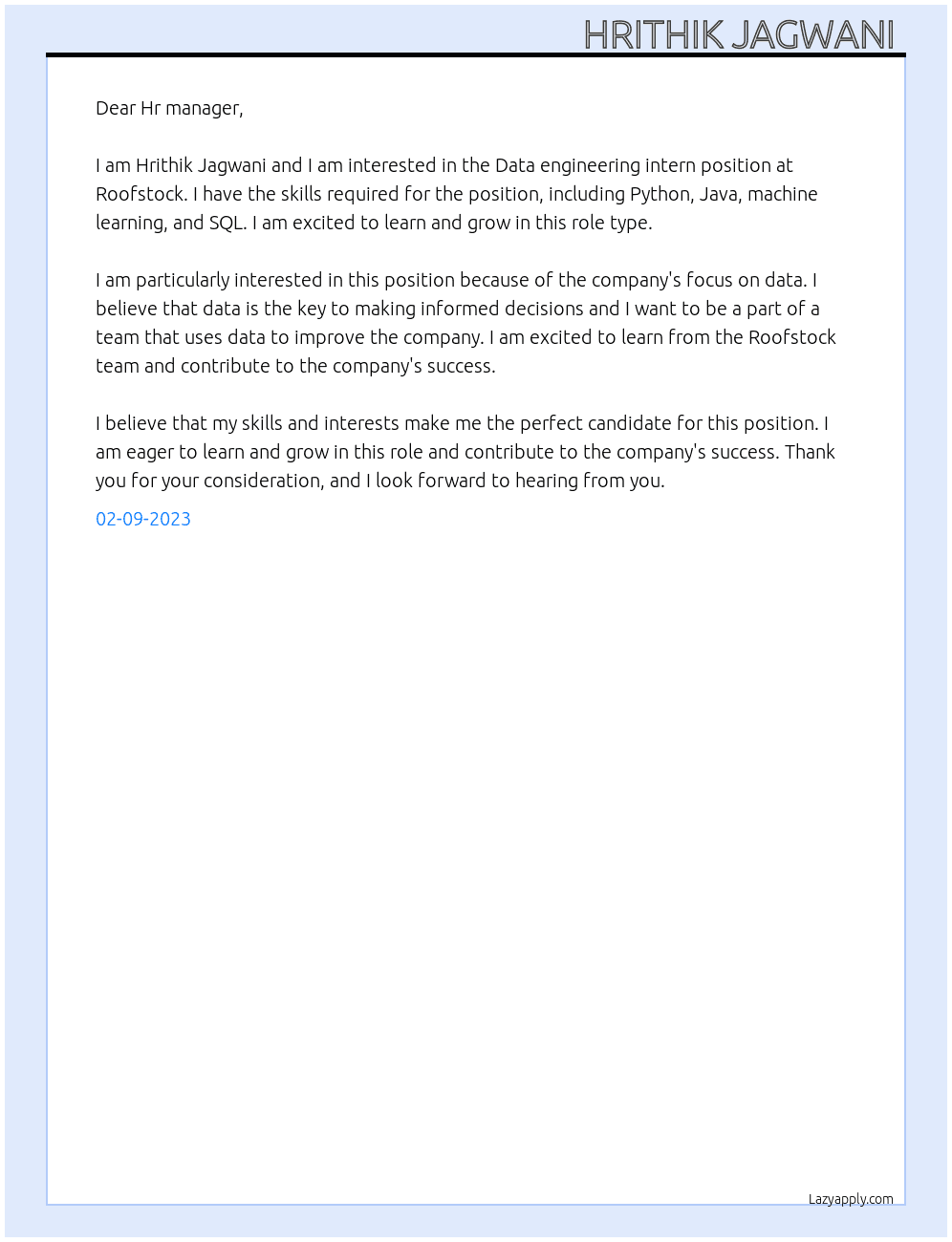 Data engineering intern At Roofstock Cover Letter