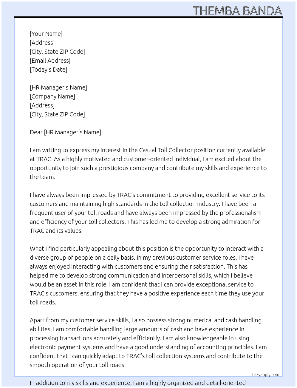 Casual toll collector  At TRAC  Cover Letter
