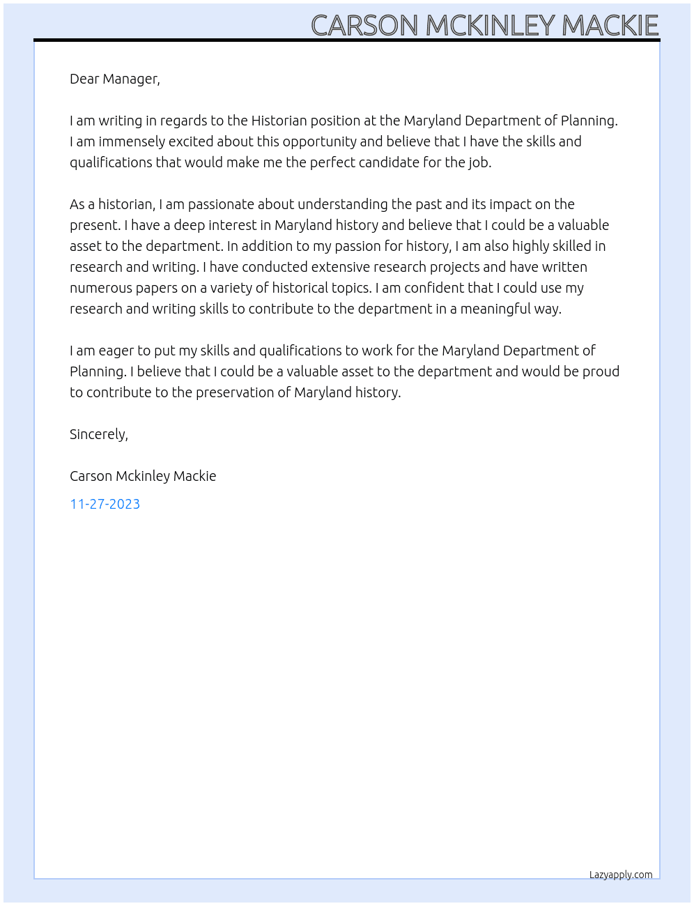 Historian At Maryland Department of Planning Cover Letter