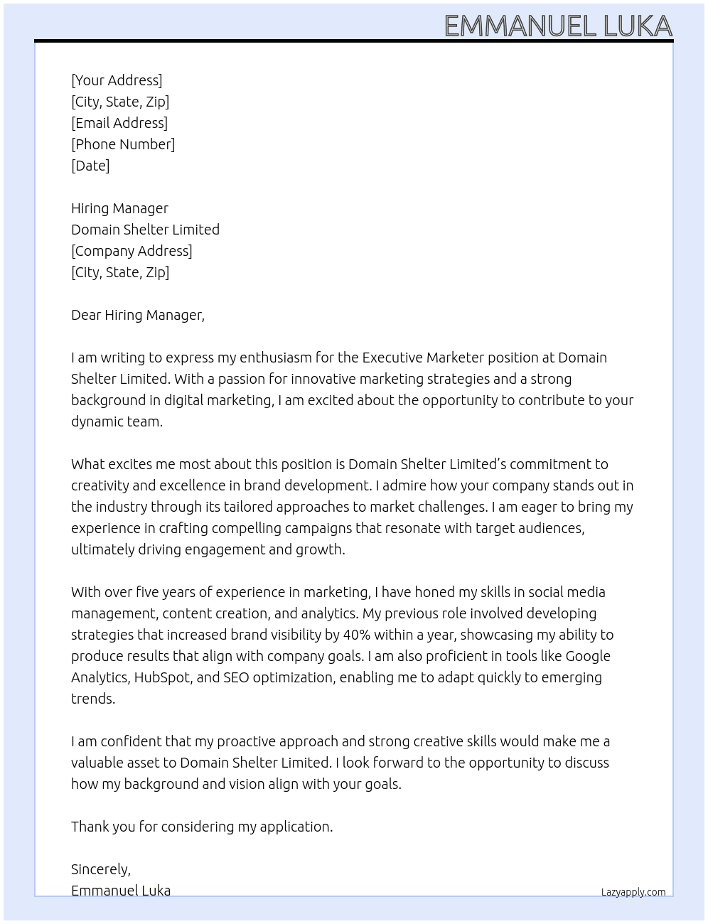 Executive Marketer At Domain Shelter Limited Cover Letter