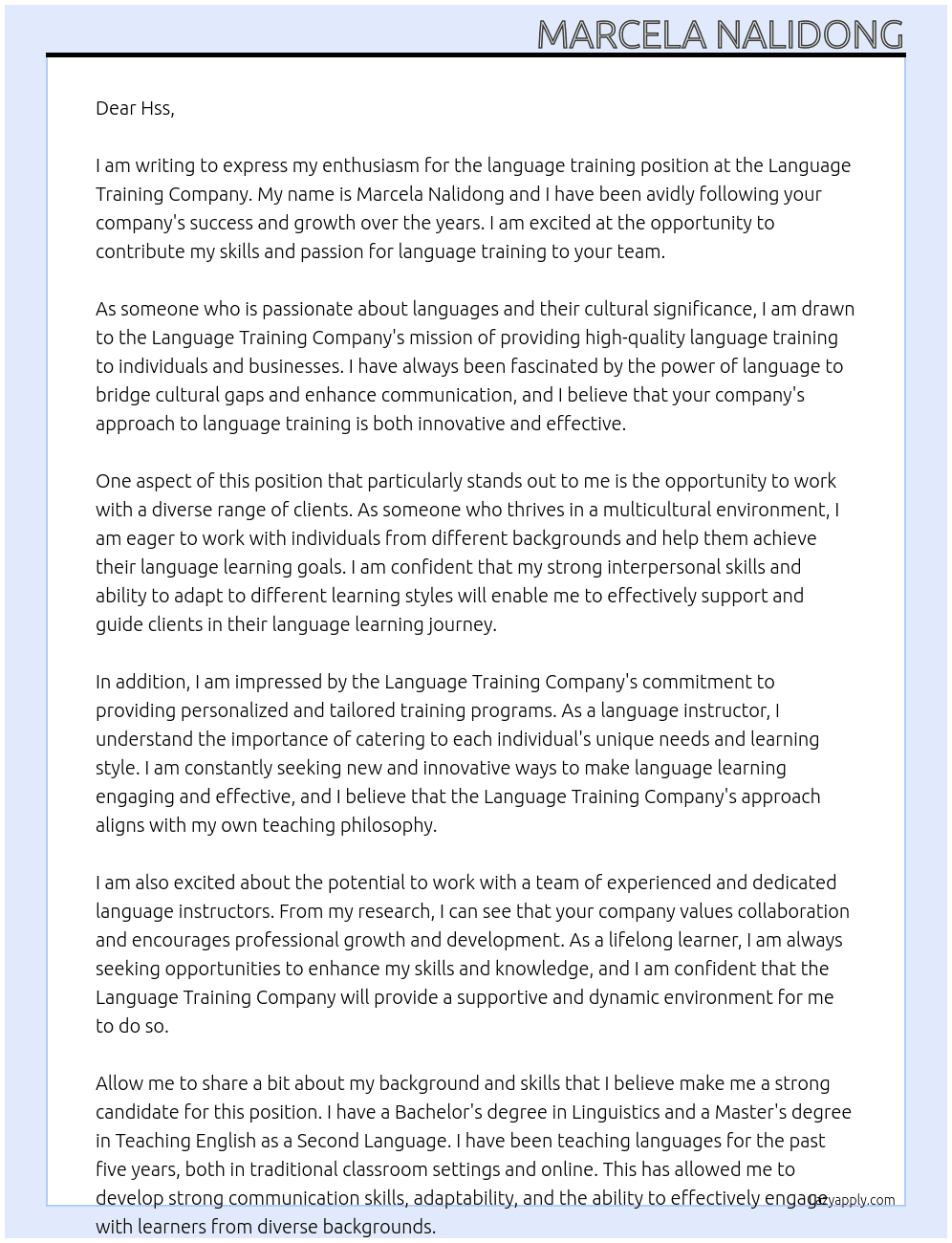 language training At language training  Cover Letter