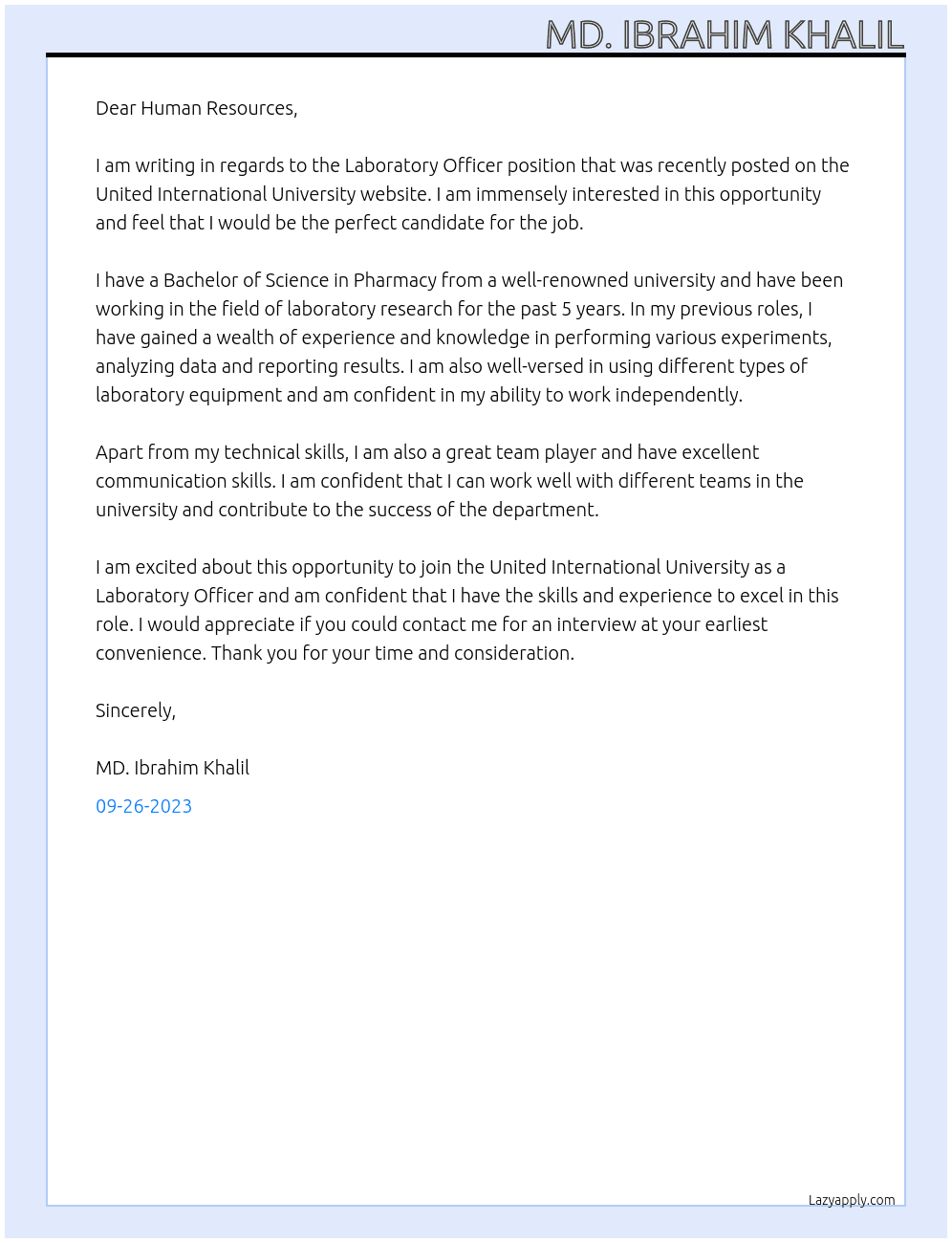 laboratory officer -dept. of Pharmacy At United International univrsity Cover Letter