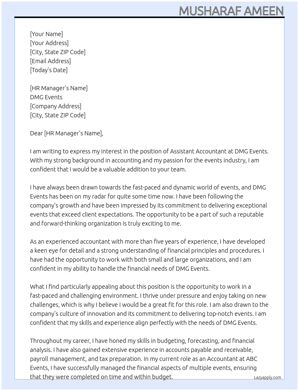 Assistant Accountant  At DMG EVENTS Cover Letter