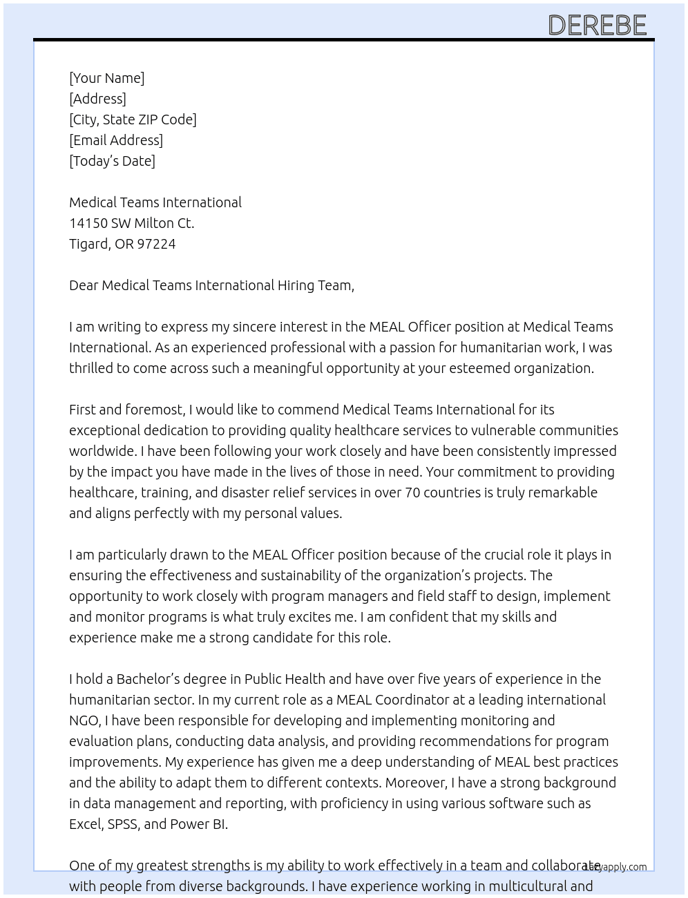 MEAL Officer  At  Medical Teams International Cover Letter