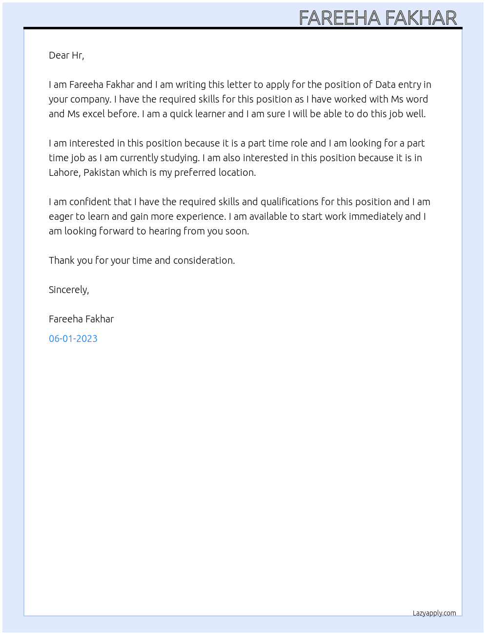 Data entry  At Online job Cover Letter