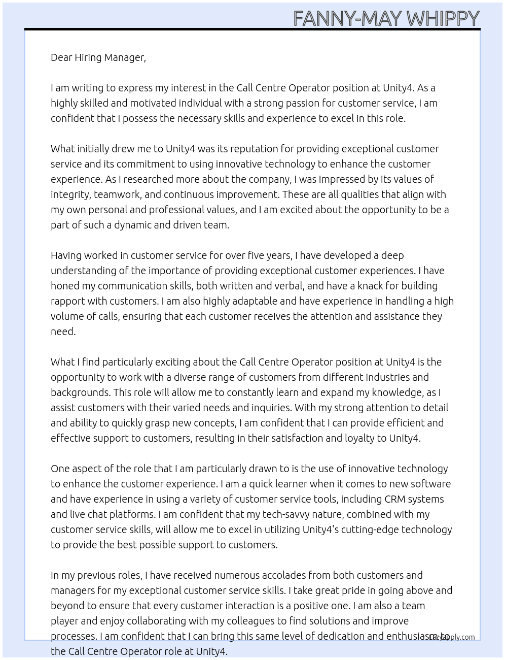 Call Centre Operator At Unity4 Cover Letter
