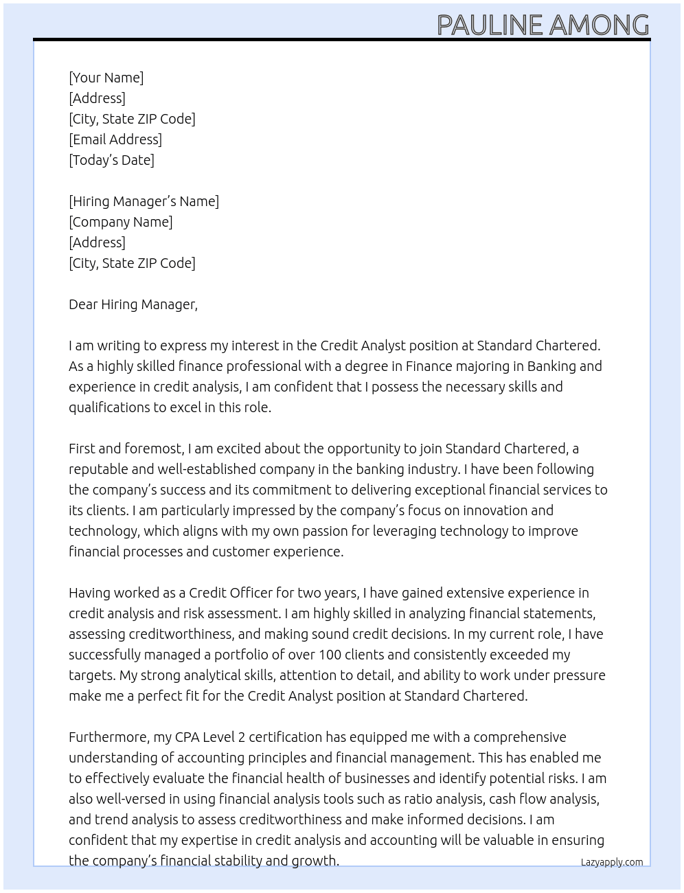 credit analyst At standard chatered Cover Letter