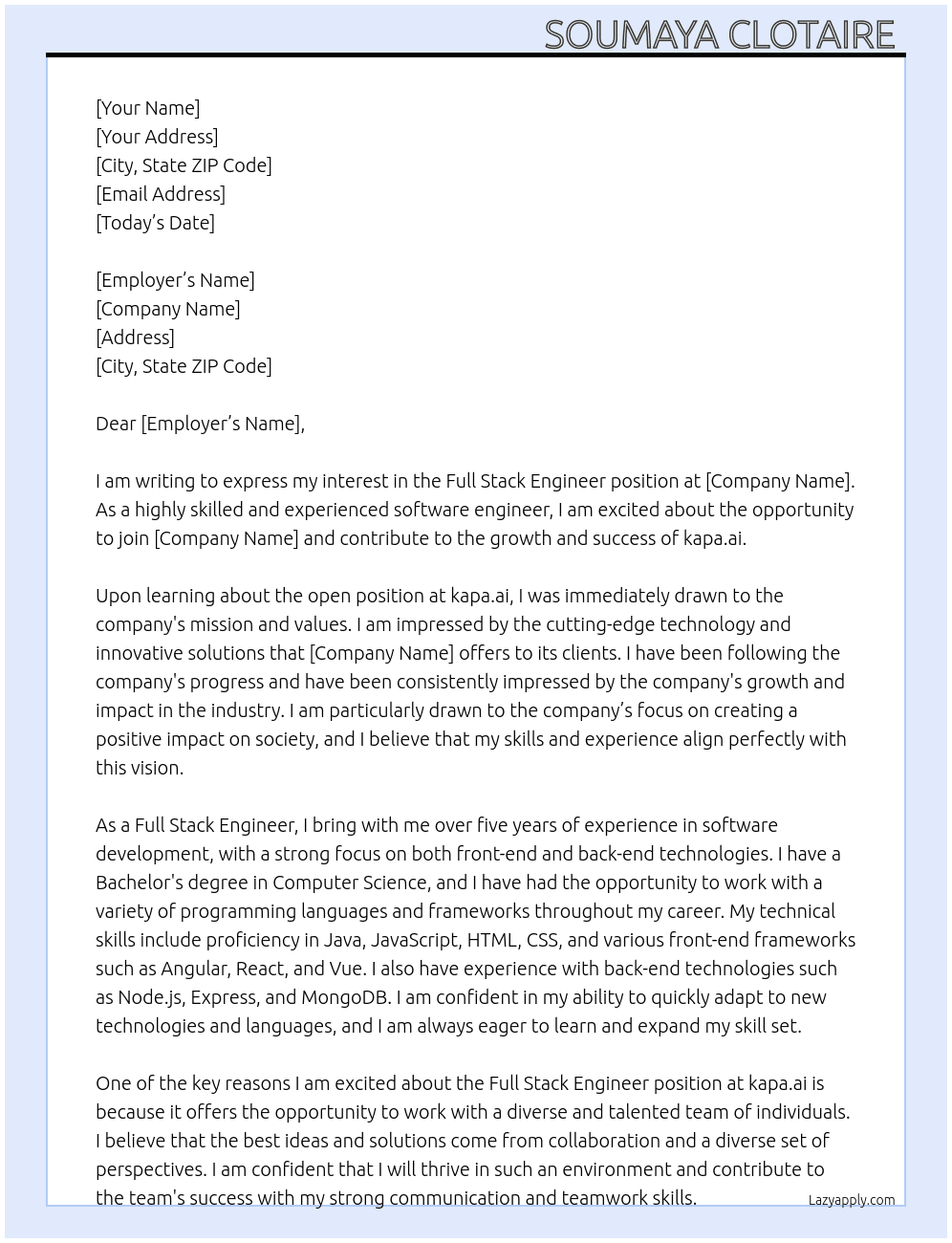 Full stack engineer At kapa.ai Cover Letter