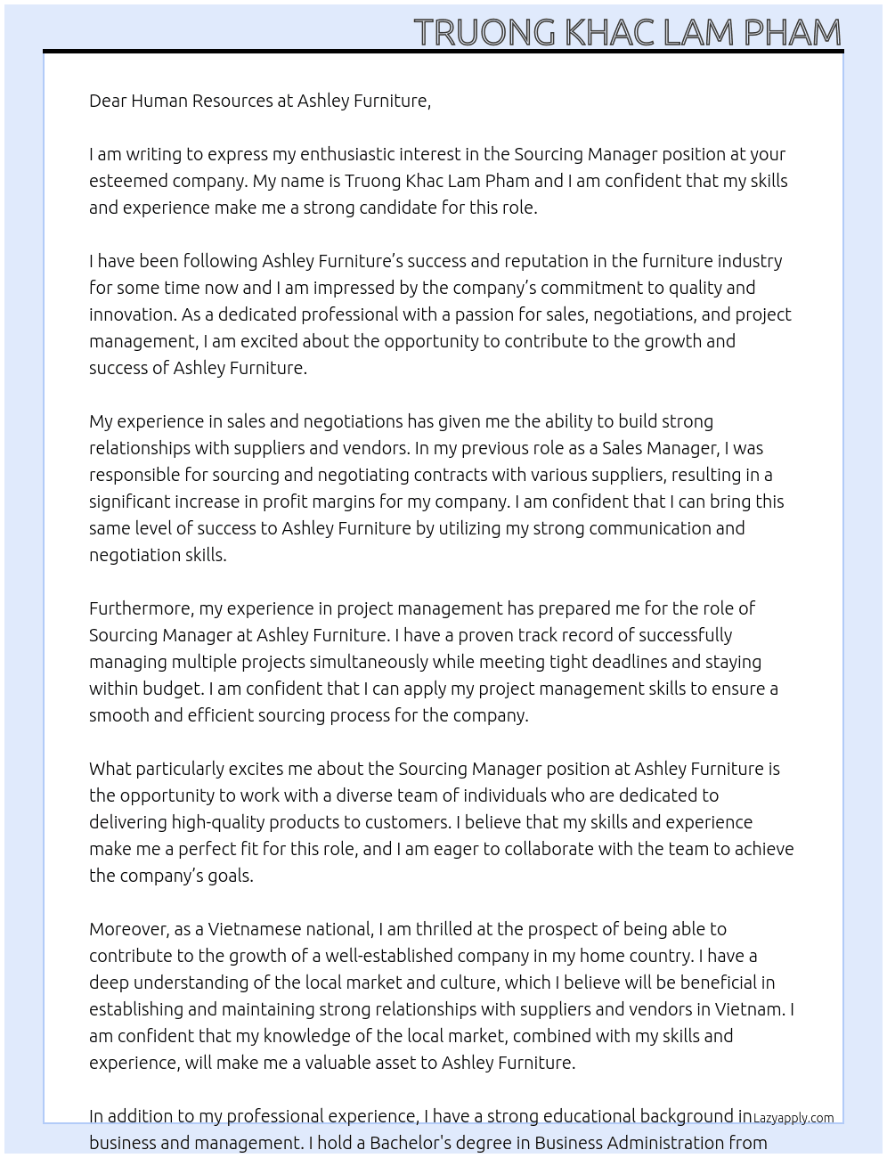 Sourcing Manager At Ashley Furniture Cover Letter