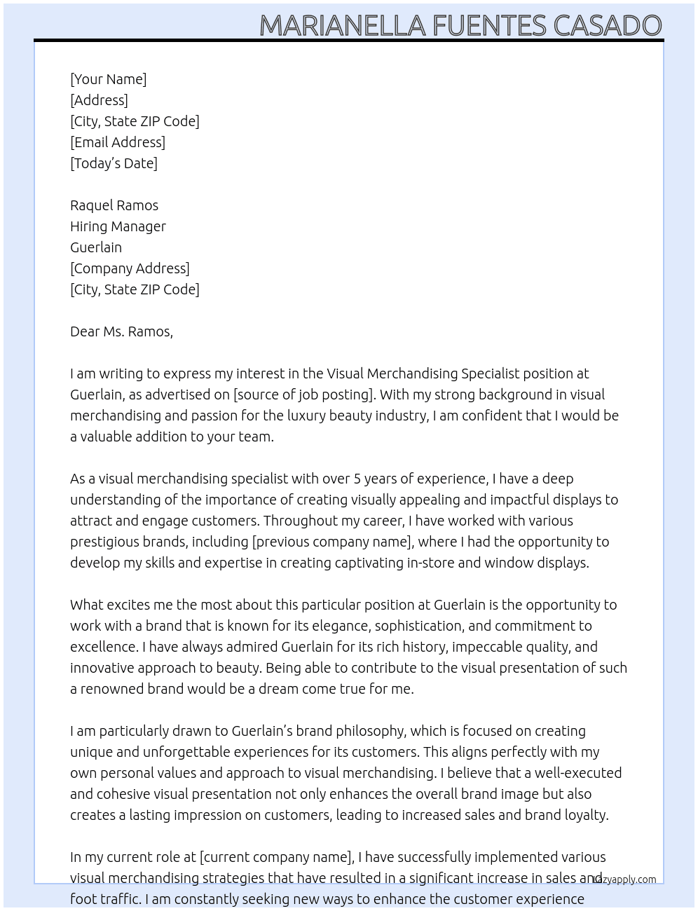 Visual Merchandising Specialist At Guerlain Cover Letter