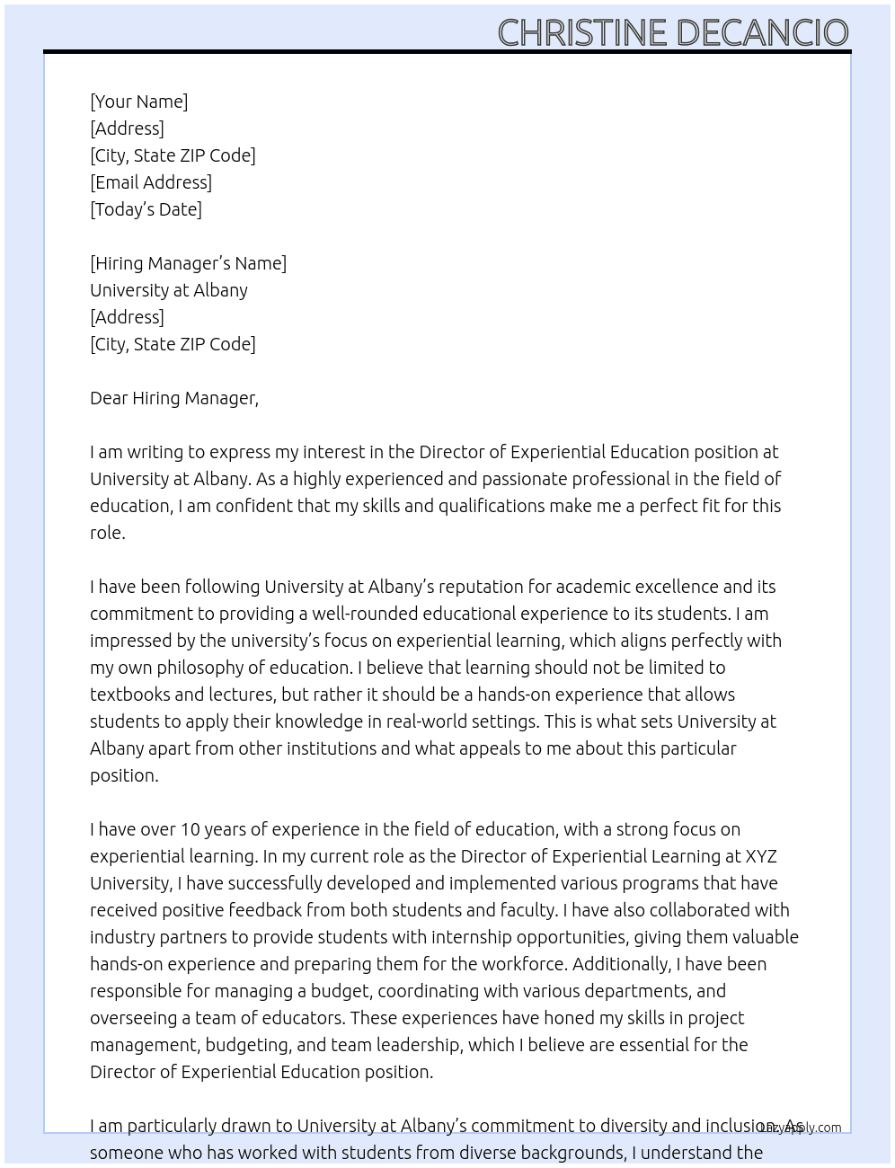 Director of Experiential Education At University at Albany  Cover Letter
