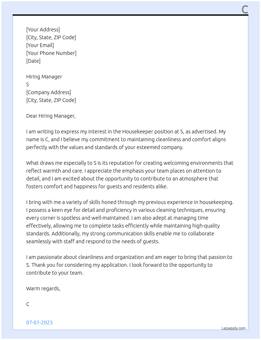 housekeeper At s Cover Letter