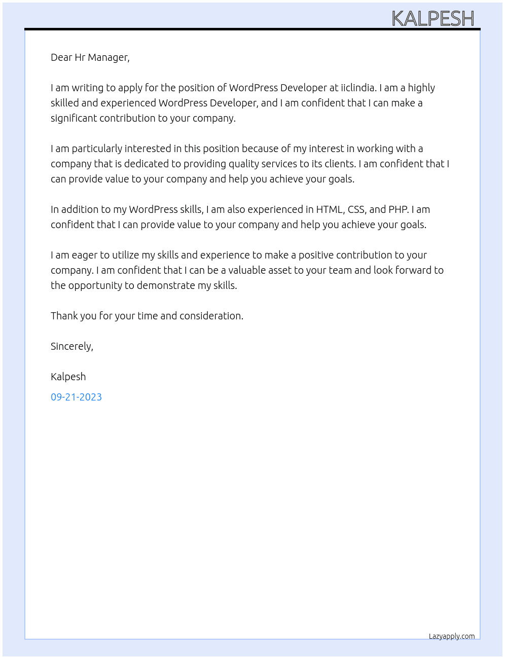 wordpress devloper At iiclindia Cover Letter