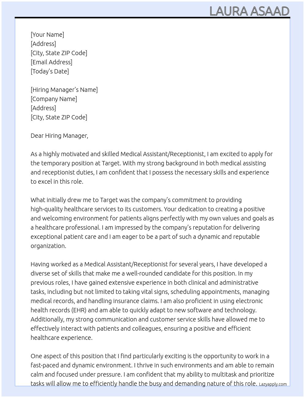 Medical Assistant/Receptionist (Temp) At target Cover Letter