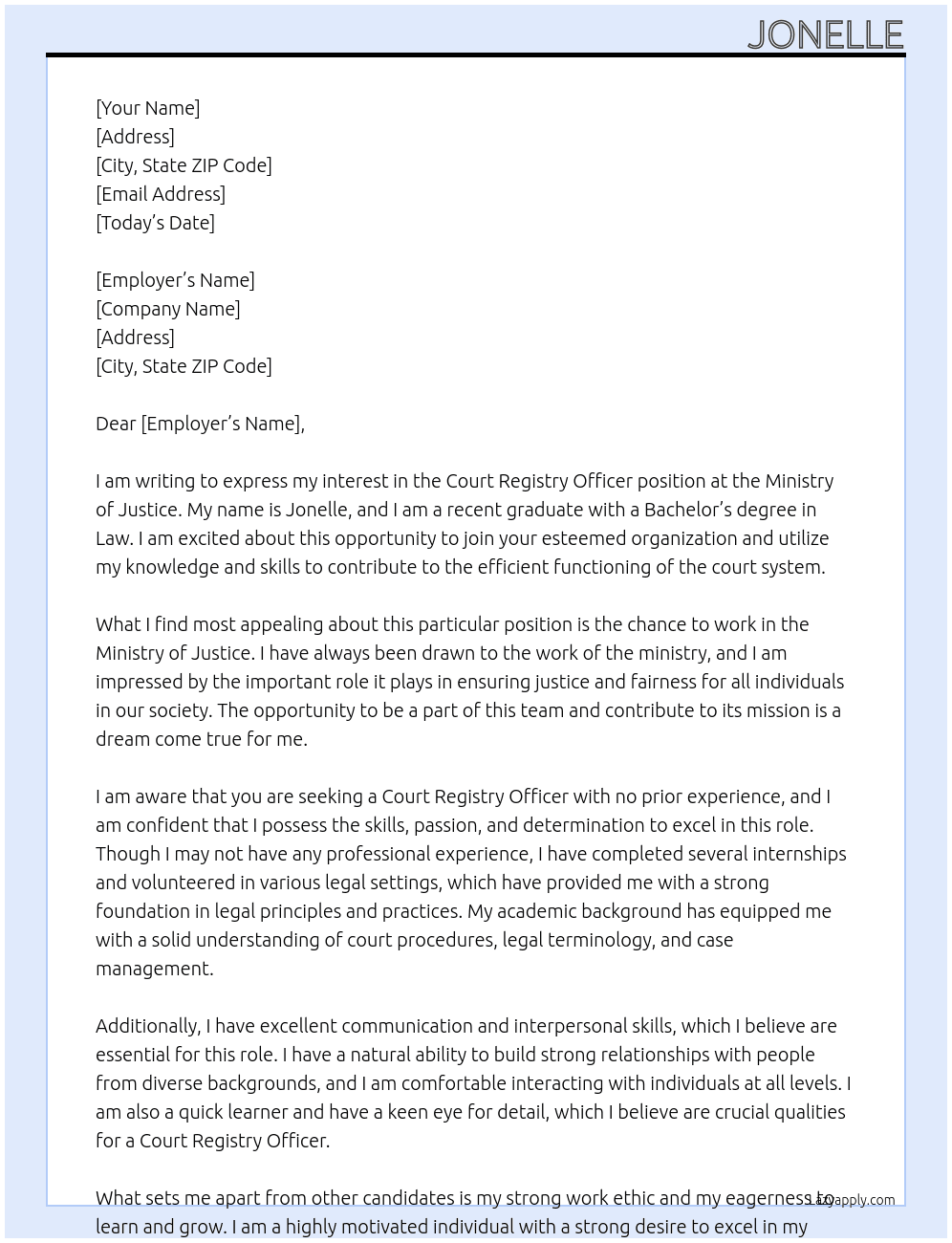 Court registry officer At Ministry of justice Cover Letter