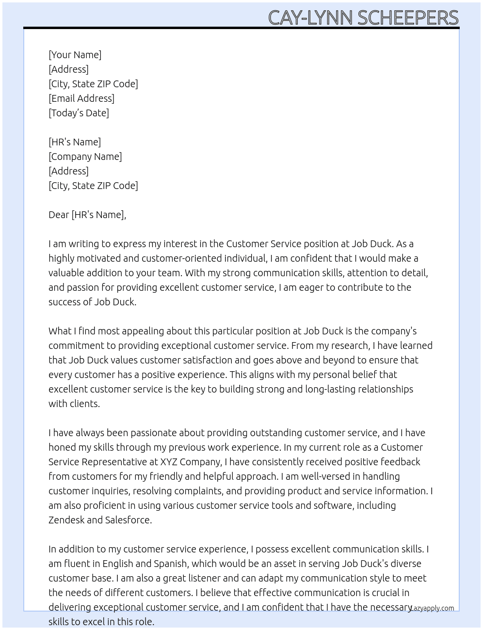 Customer Servive At JOb Duck Cover Letter