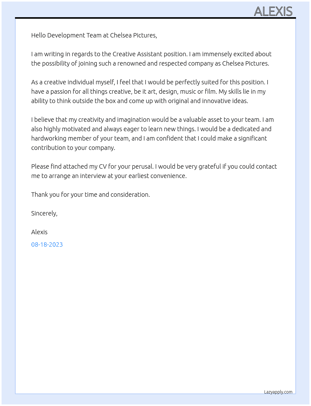 Creative Assistant At Chelsea Pictures Cover Letter