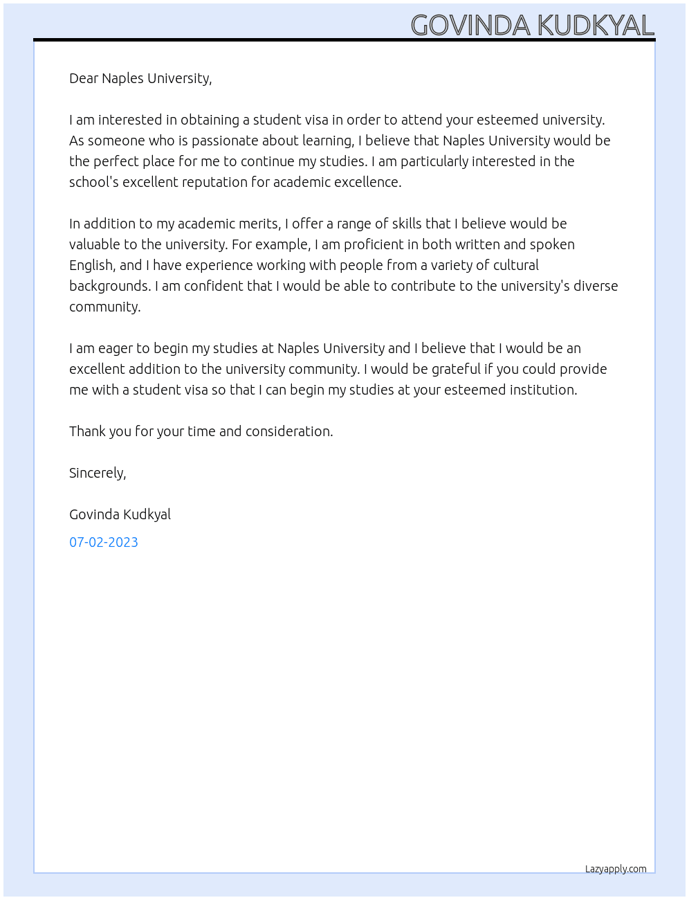 student visa At naples university Cover Letter