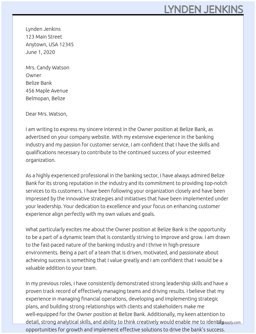 owner At Belize Bank Cover Letter