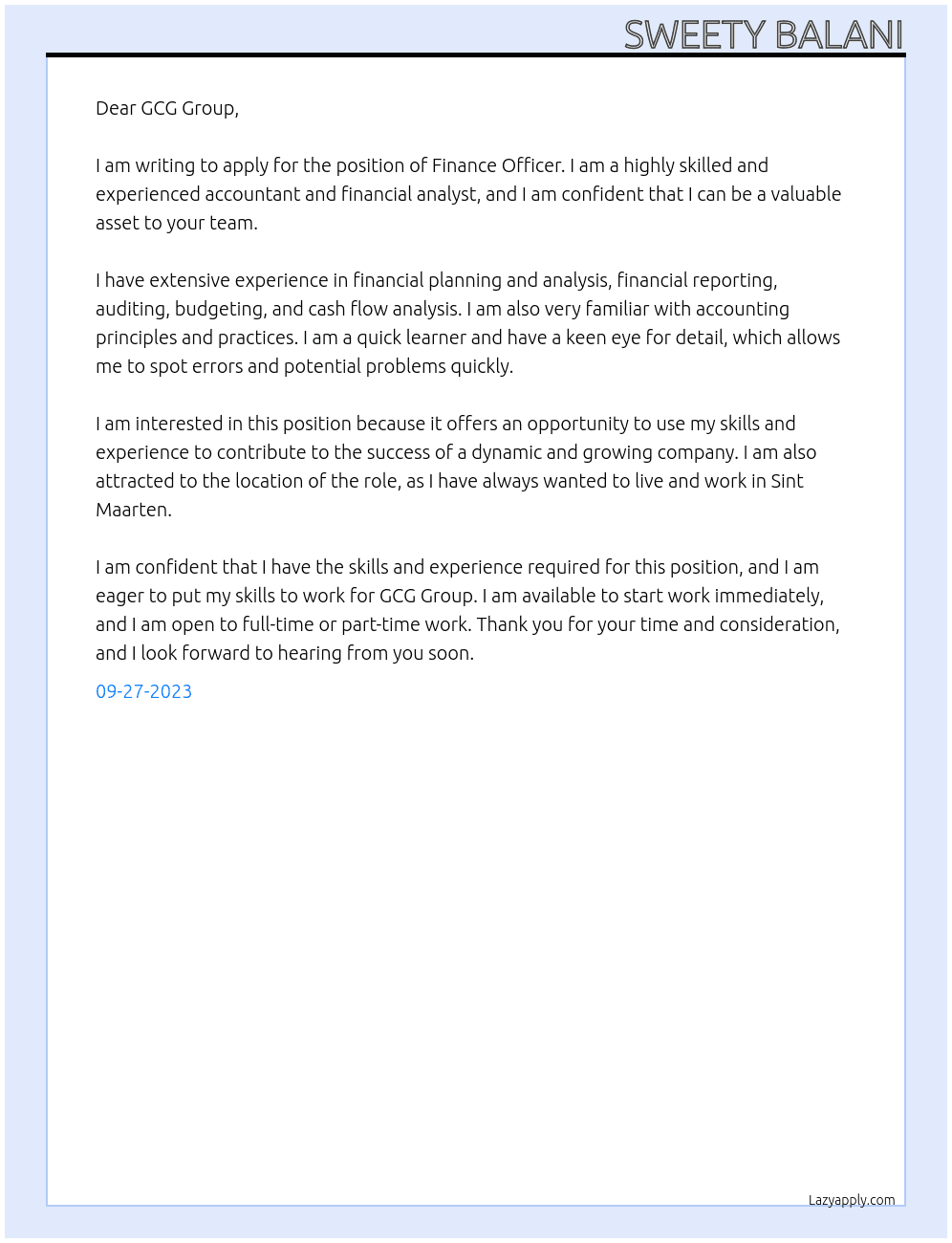 Finance Officer At GCG Group Cover Letter