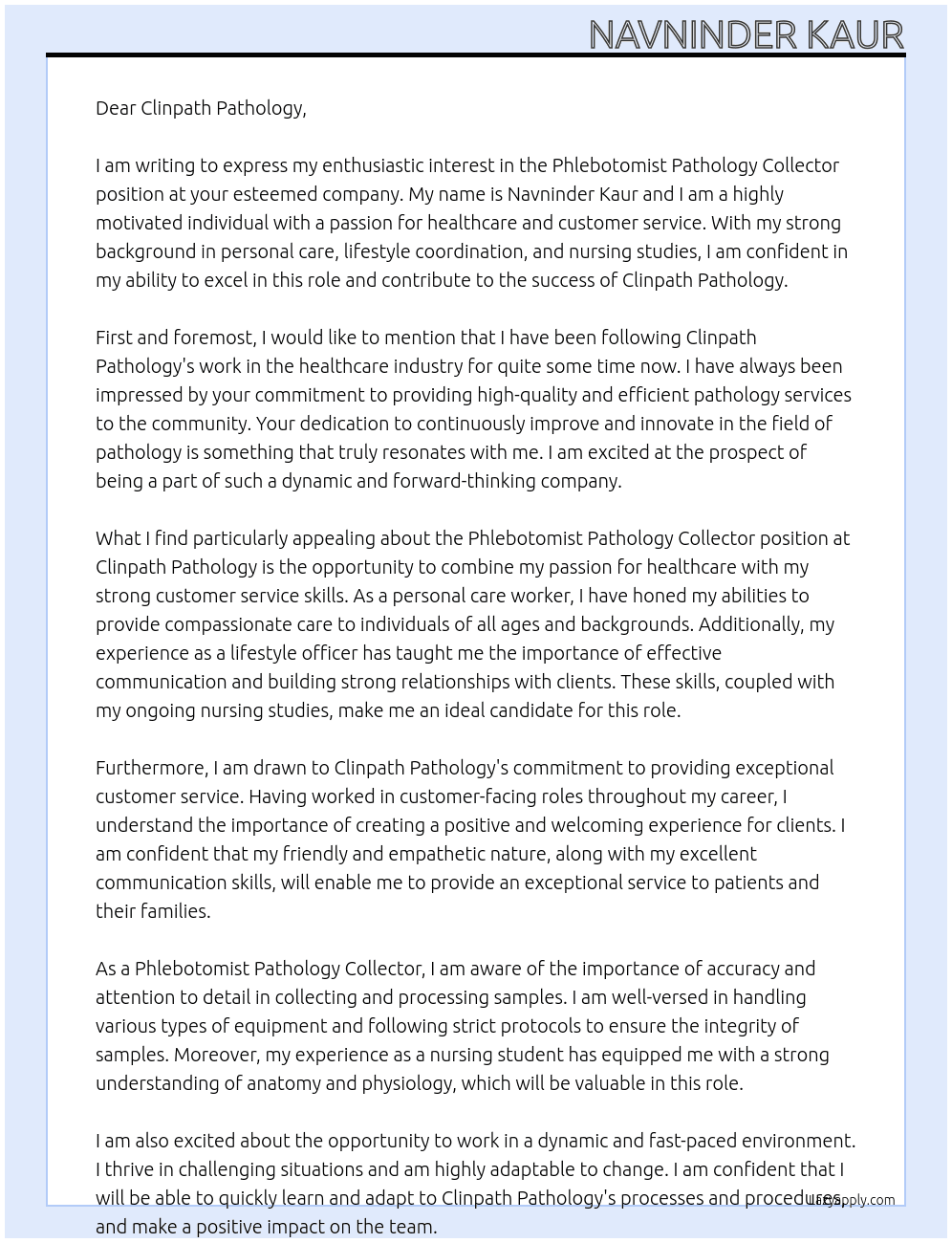 Phlebotomist Pathology Collector At Clinpath pathology Cover Letter