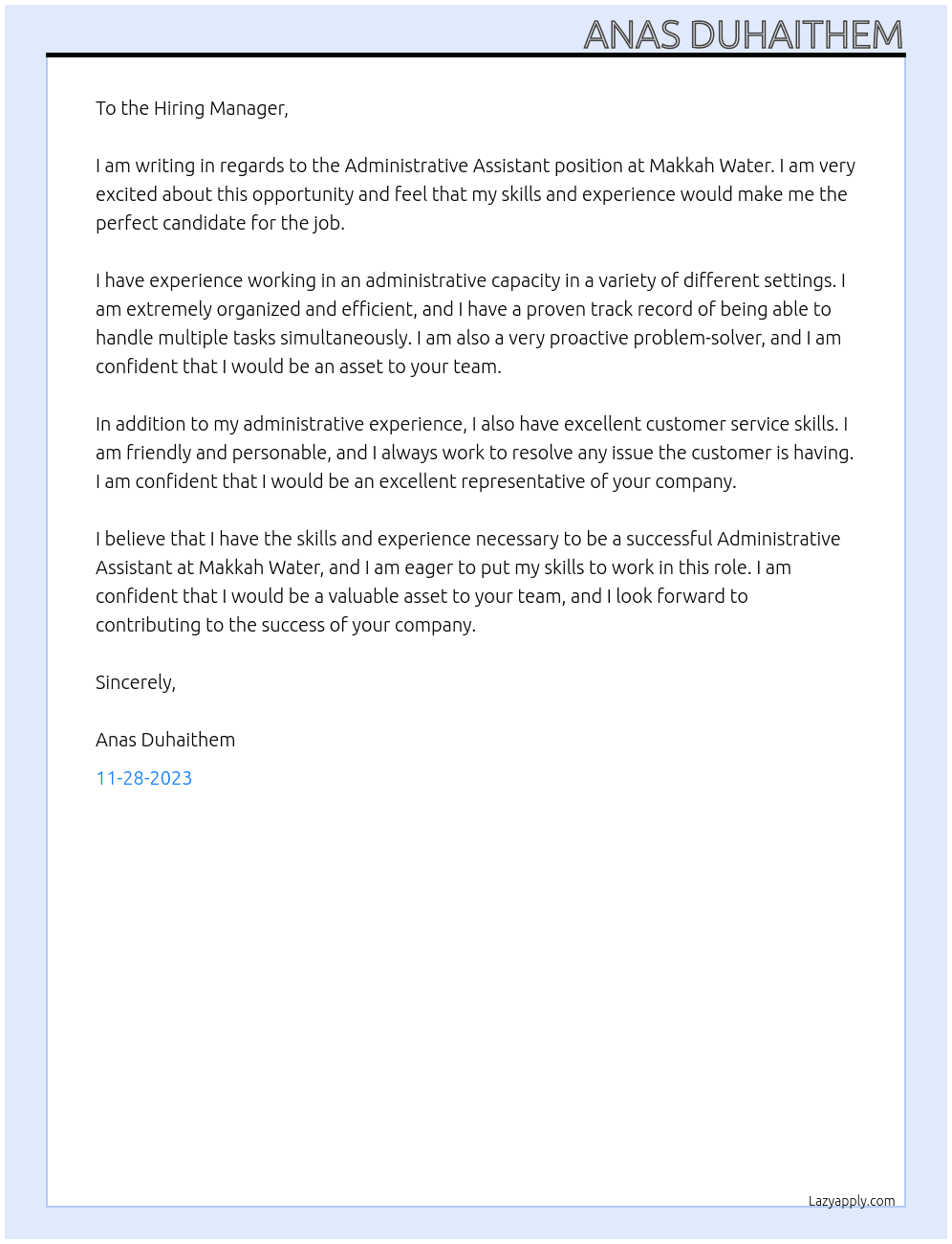 Administrative Assistant At Makkah Water Cover Letter