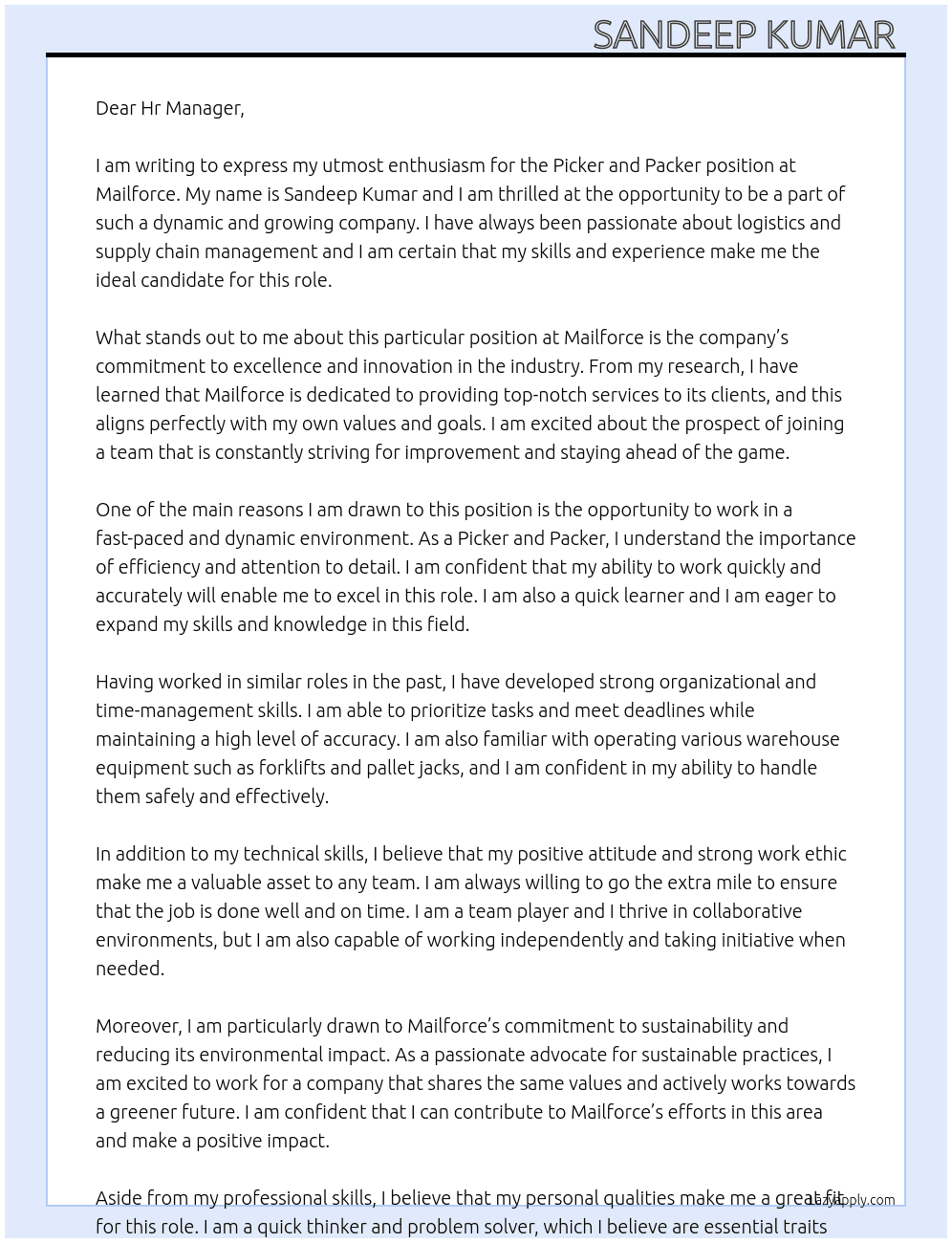 Picker and packers  At Mailforce Cover Letter