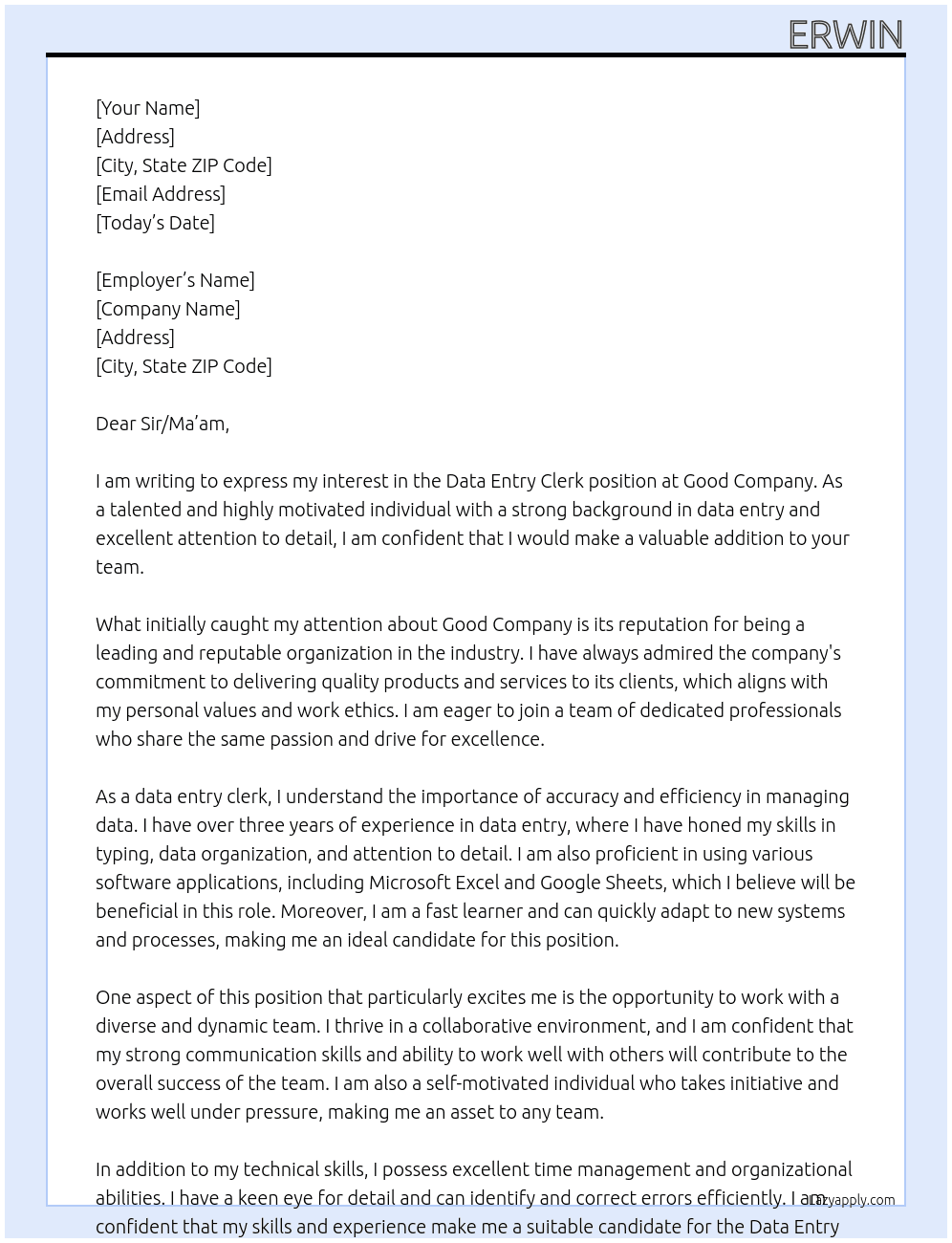 Data Entry Clerk At Good Company Cover Letter