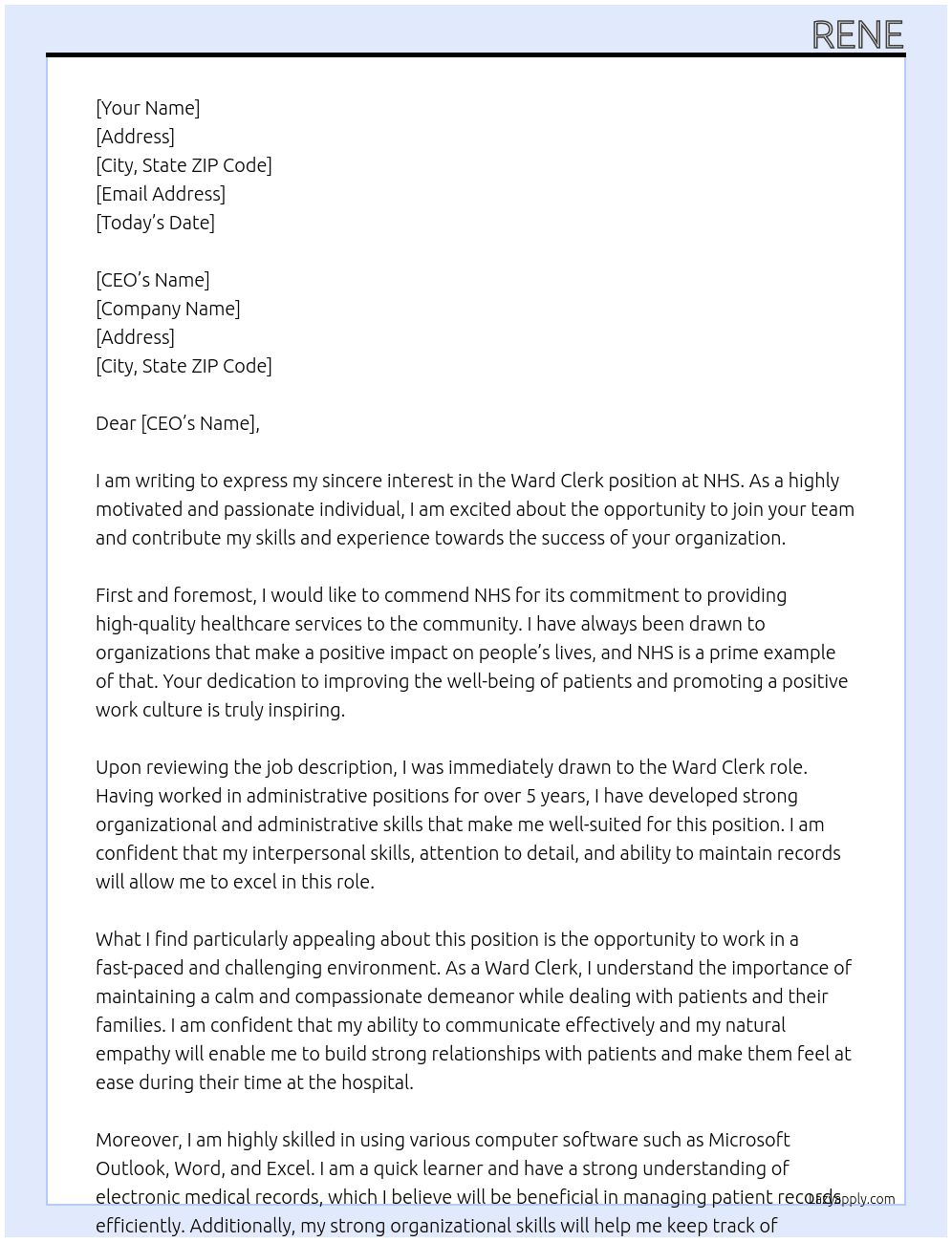 Ward Clerk At NHS Cover Letter