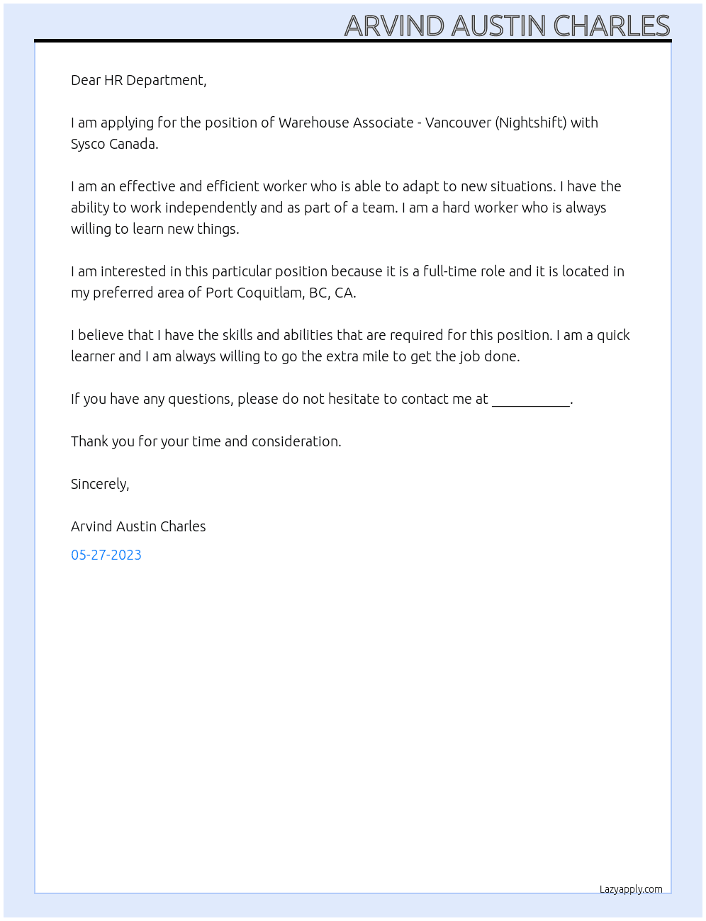 Warehouse Associate - Vancouver (Nightshift) At Sysco Canada , Cover Letter