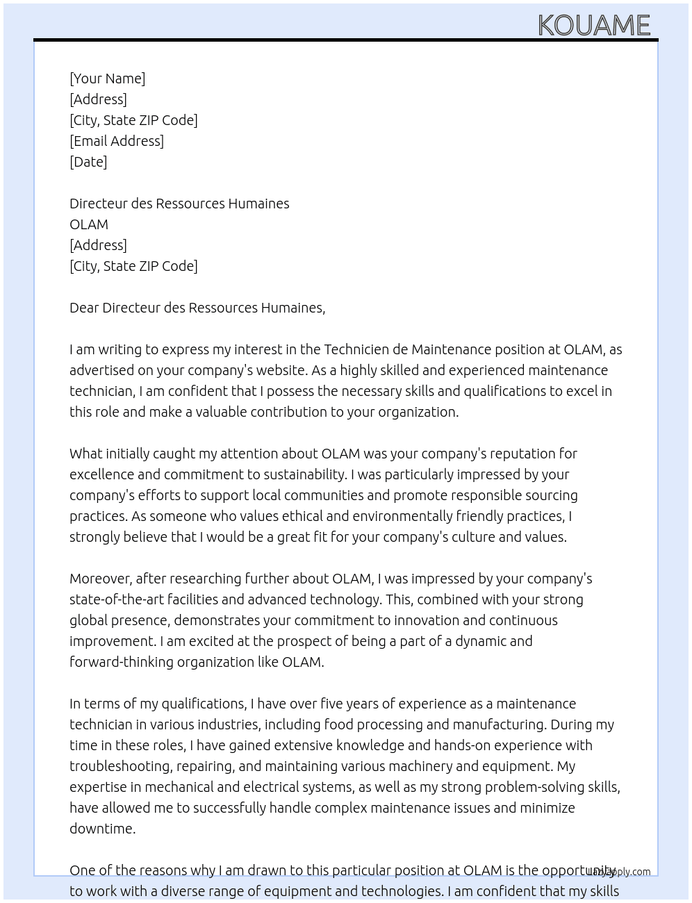 Technicien de maintenance  At OLAM  Cover Letter
