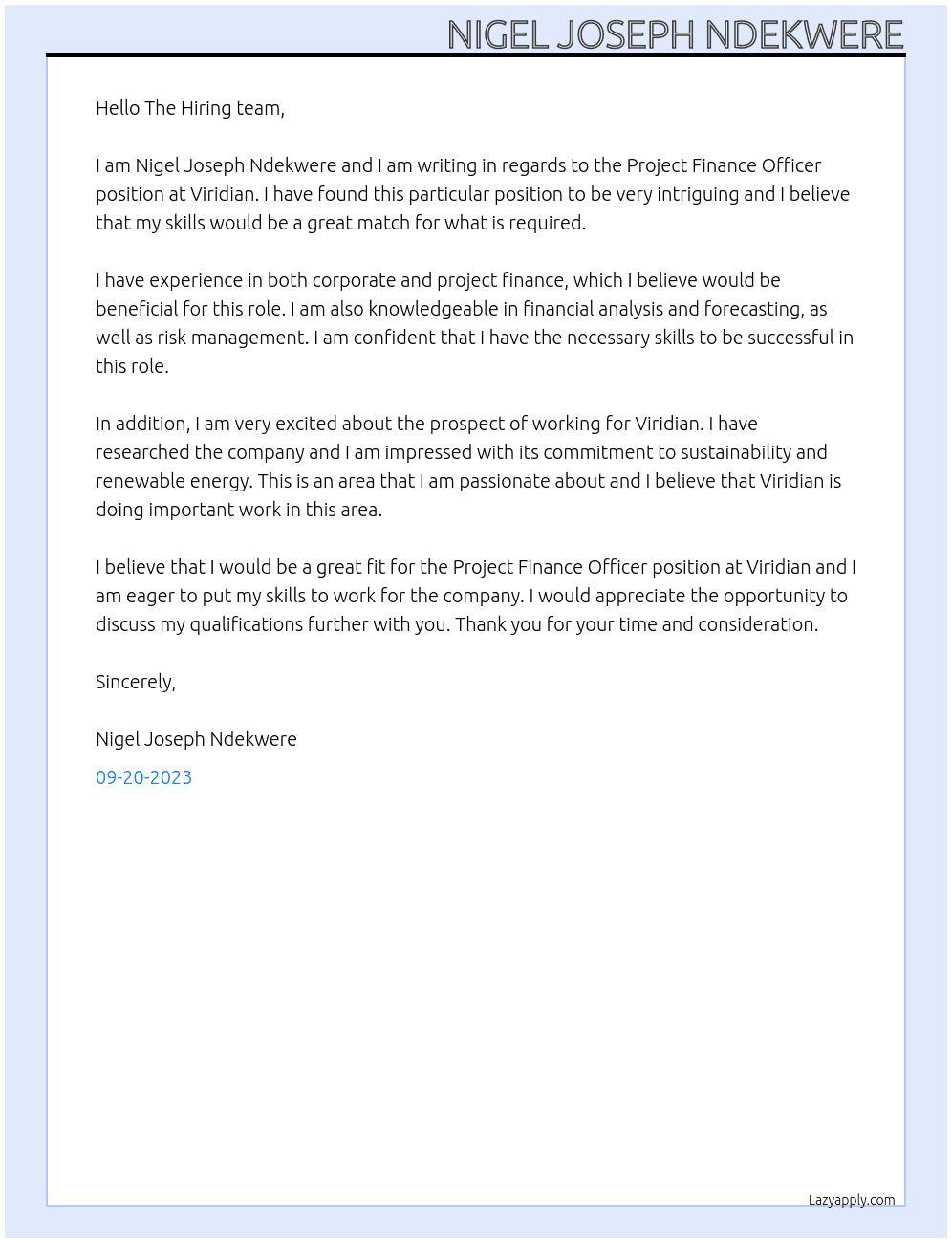 Project Finance Officer At Viridian Cover Letter