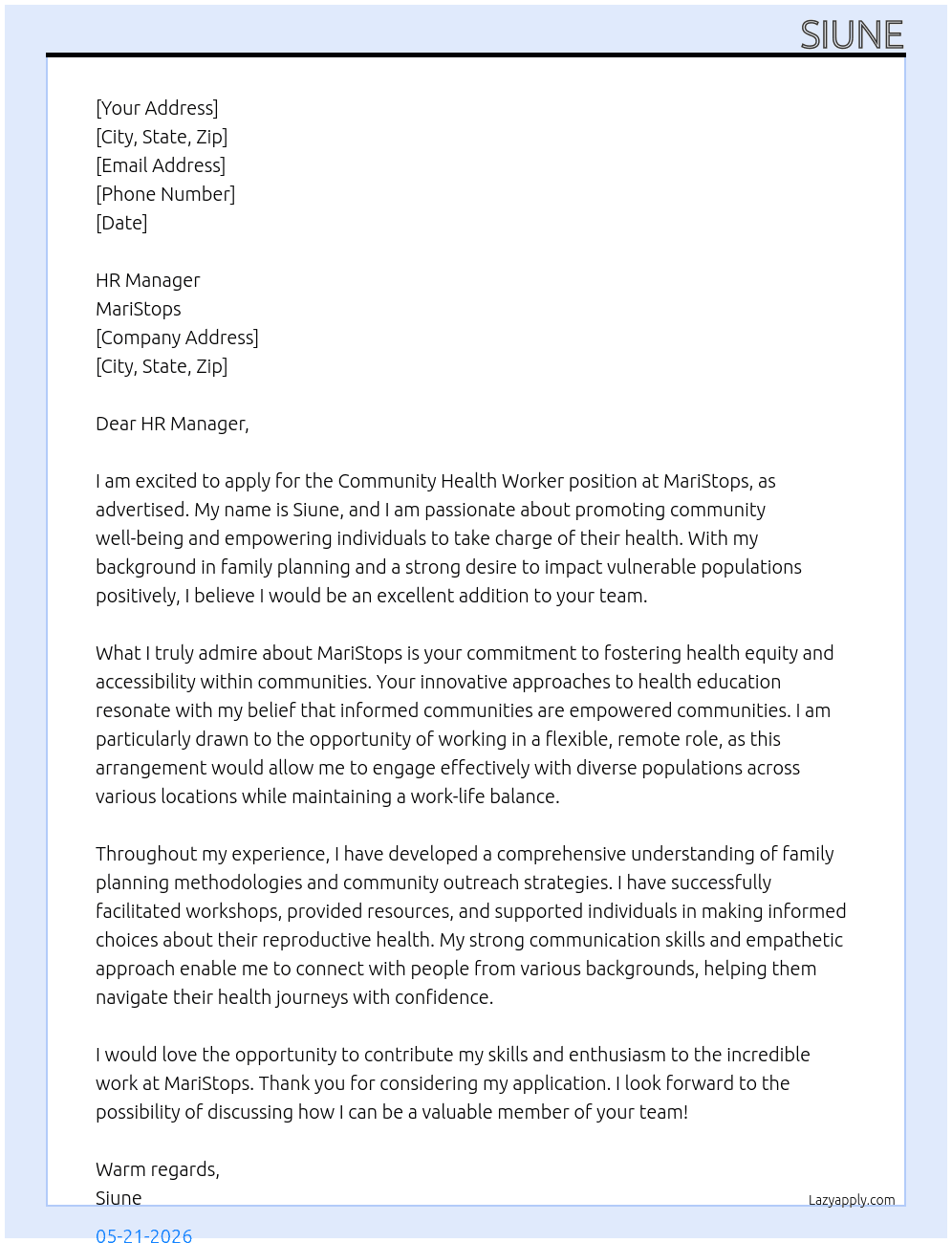 Community Health Worker At MariStops Cover Letter