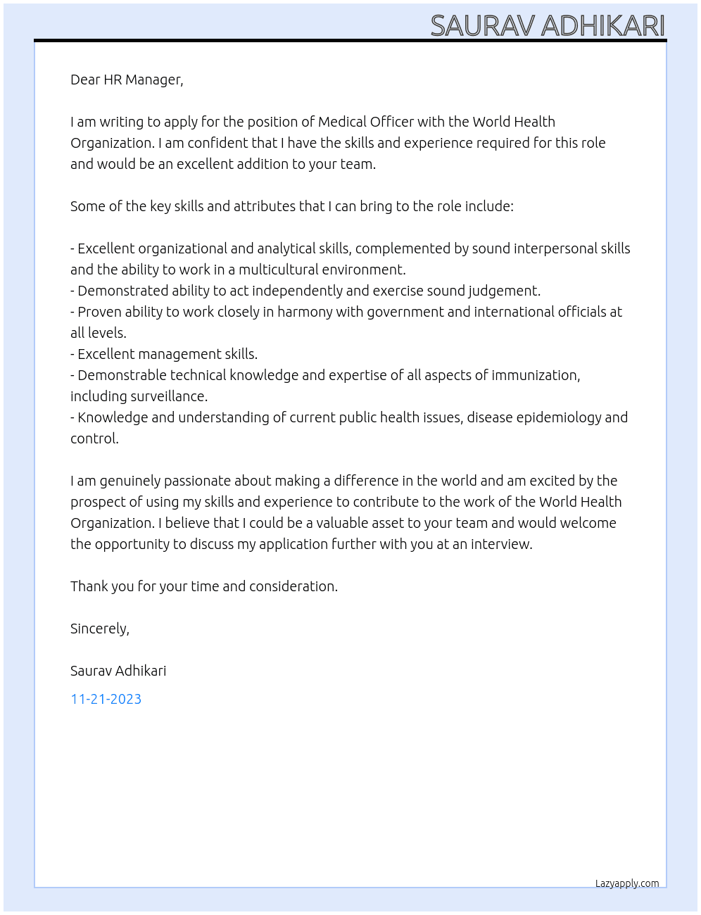 medical officer At world health organization  Cover Letter