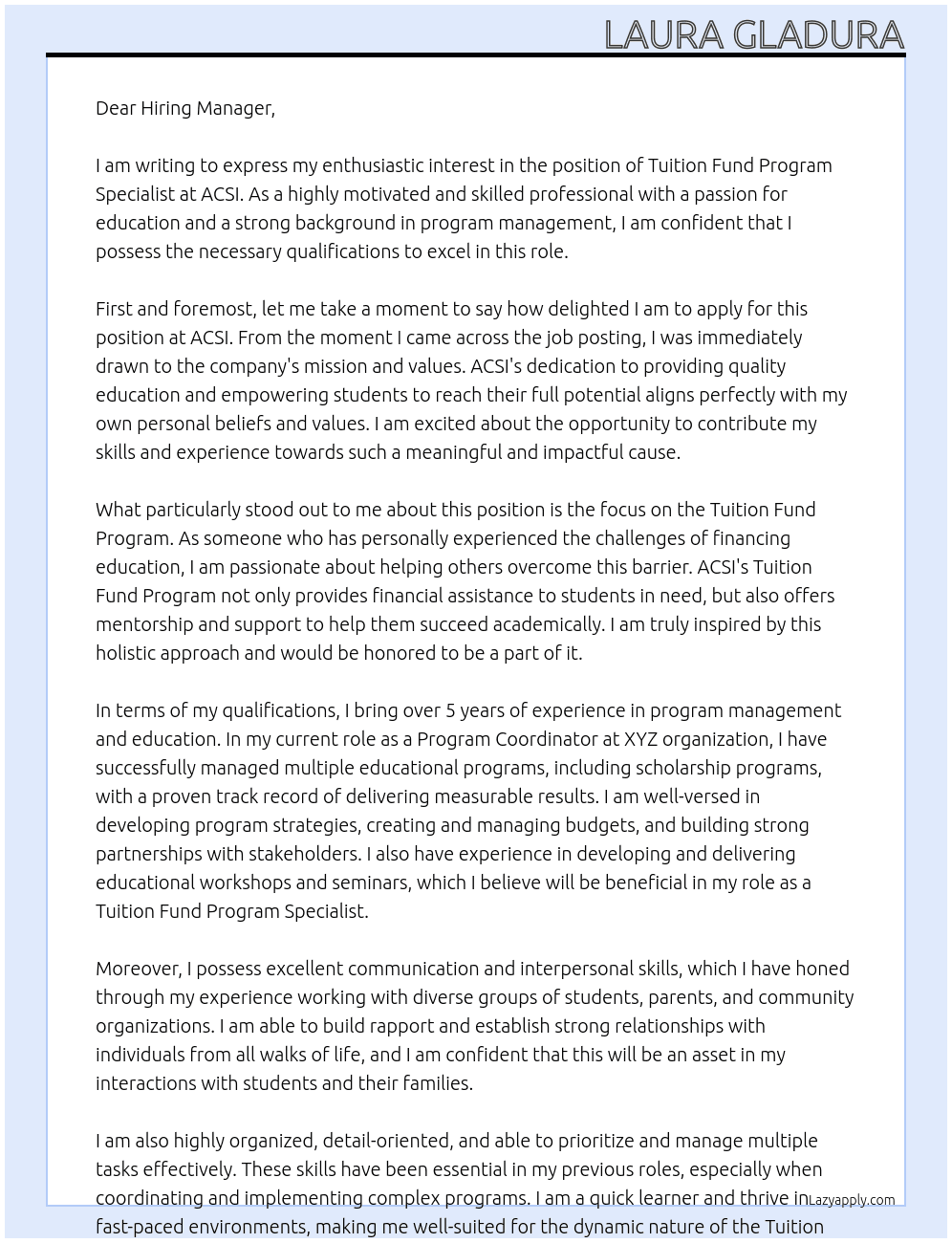 Tuition Fund Program Specialist At ACSI Cover Letter