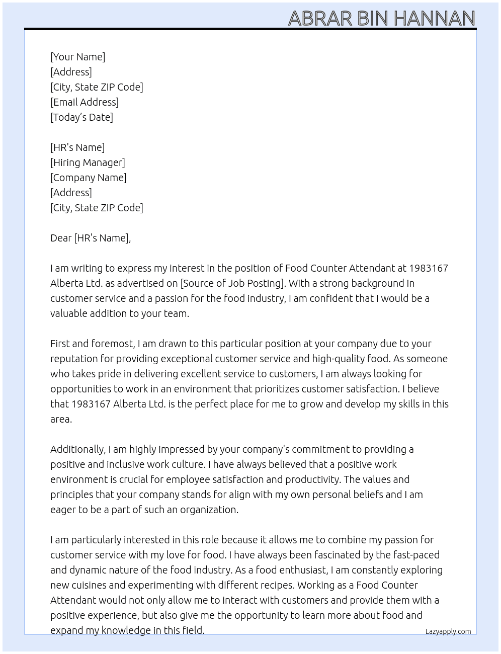 Food counter attendant  At 1983167 Alberta Ltd. Cover Letter