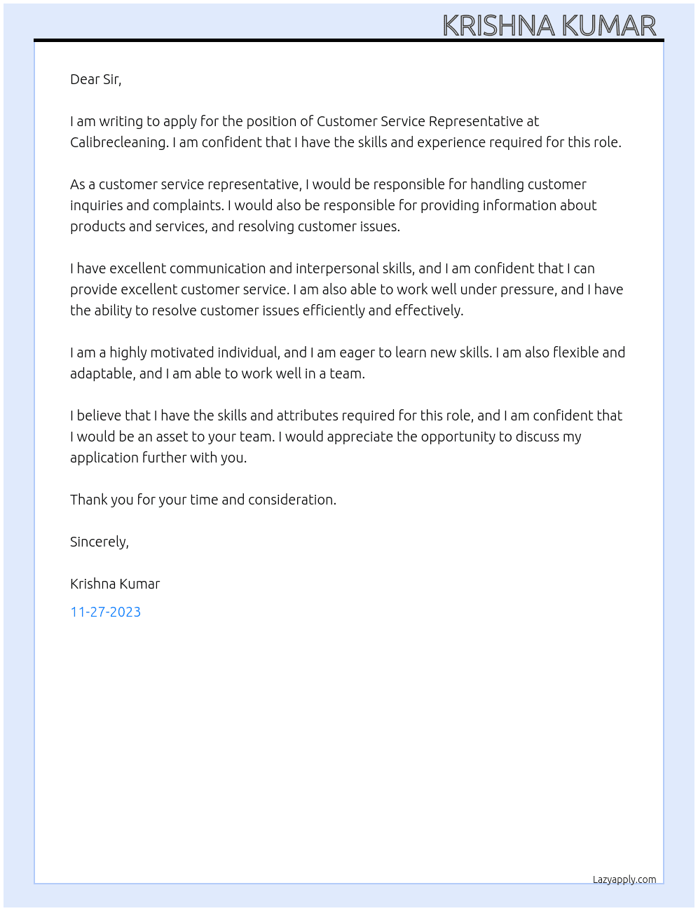 Customer service Representative  At Calibrecleaning  Cover Letter