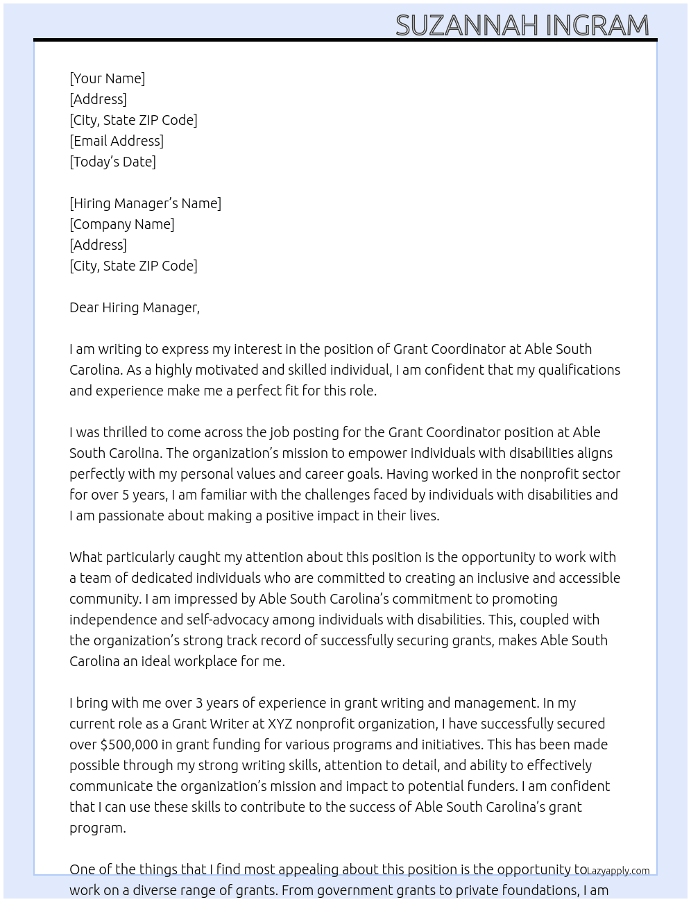 Grant Coordinator  At Able South Carolina  Cover Letter