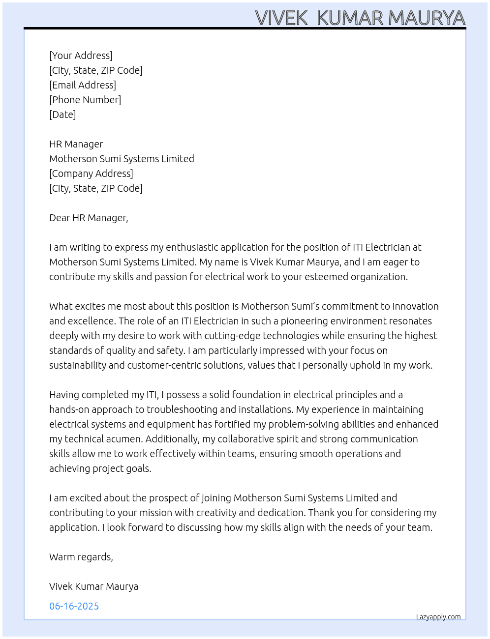 ITI Electrucian  At Motherson Sumi Systems Limited Cover Letter