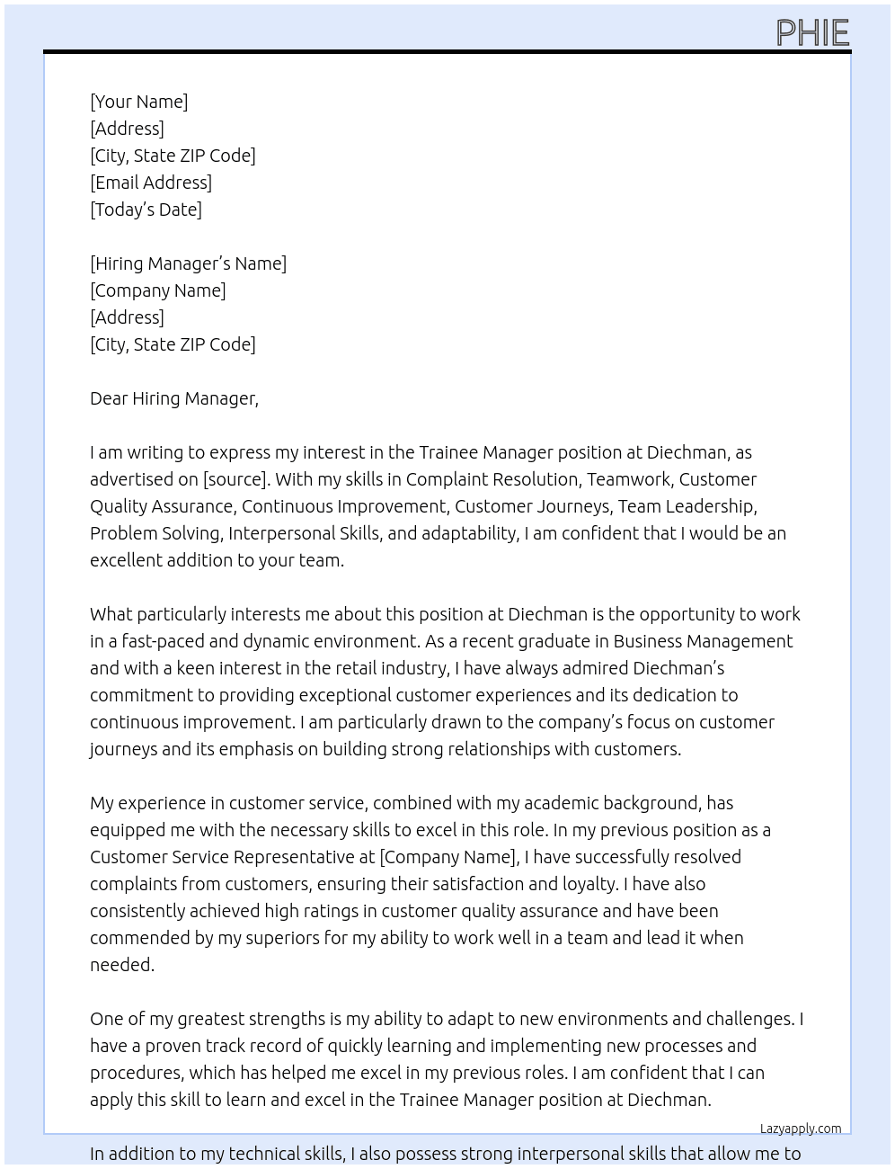 Trainee Manager  At Diechman Cover Letter