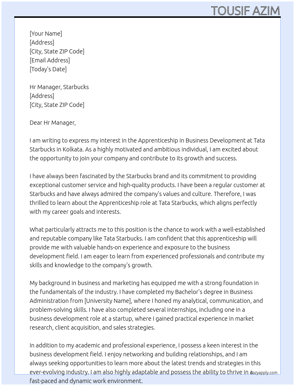 Apprenticeship in Business development At Tata Starbucks Cover Letter