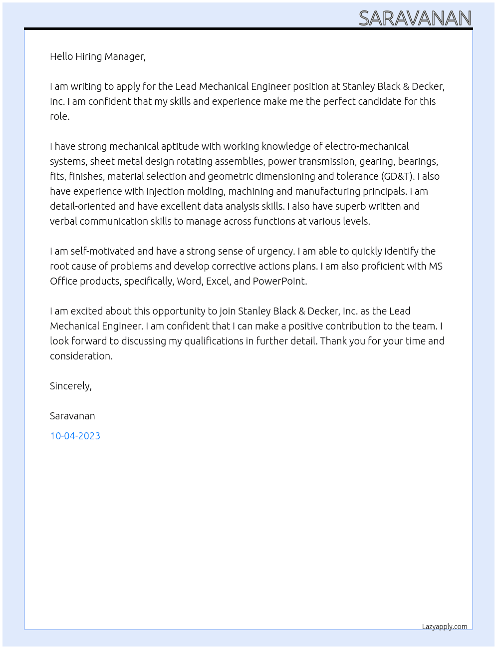 Lead Mechanical Engineer At Stanley Black & Decker, Inc. Cover Letter