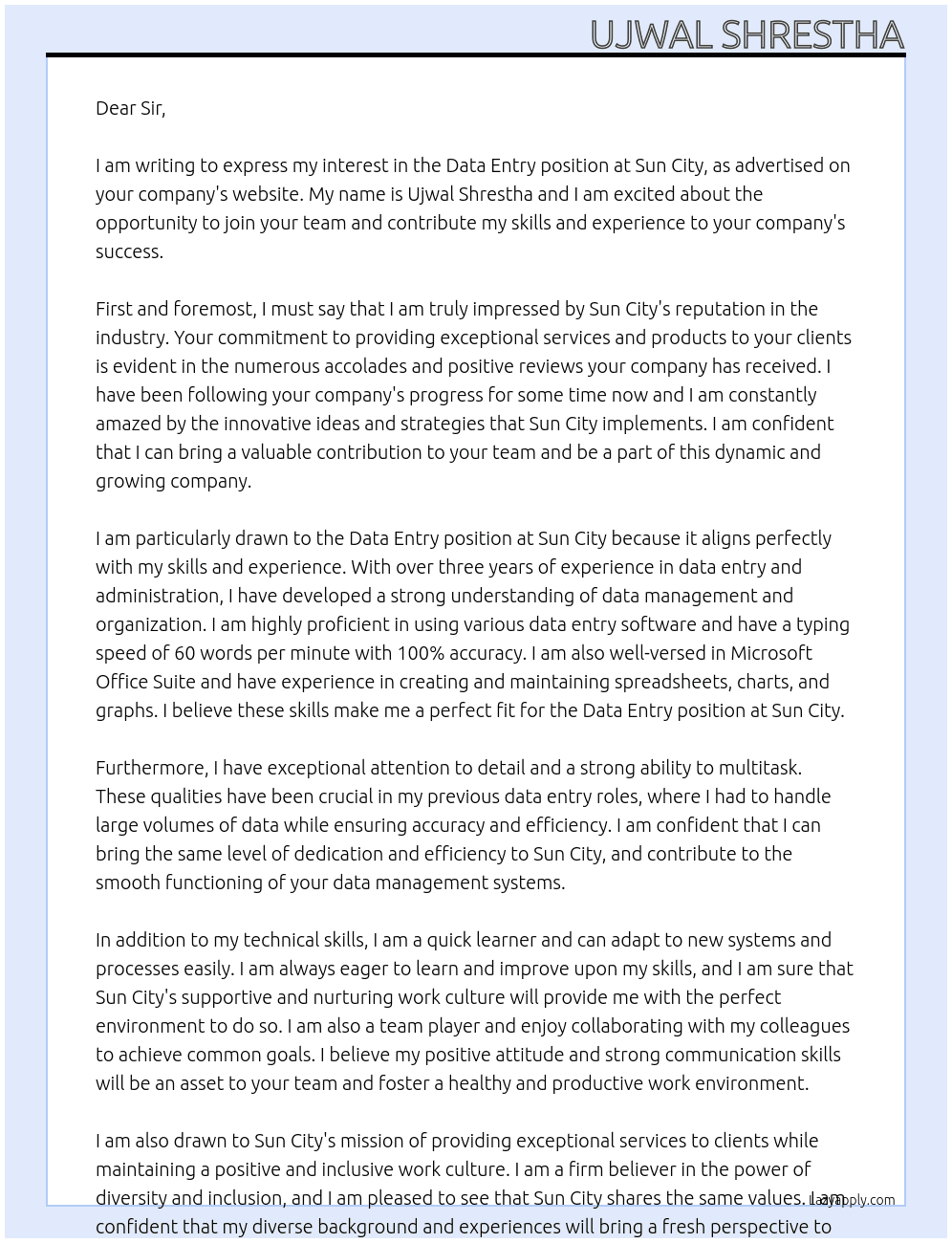 data entry At sun city Cover Letter