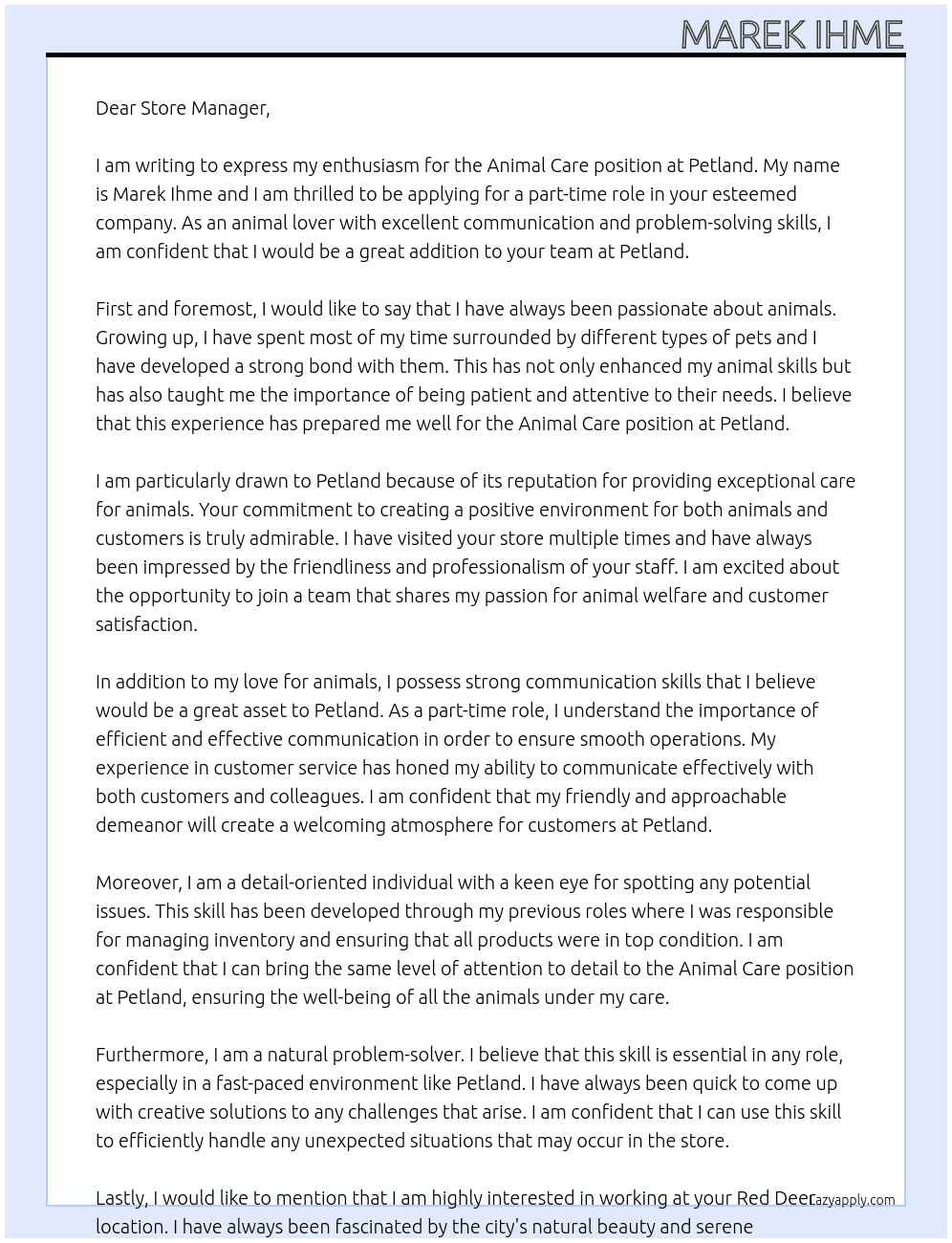 Animal care At Petland Cover Letter