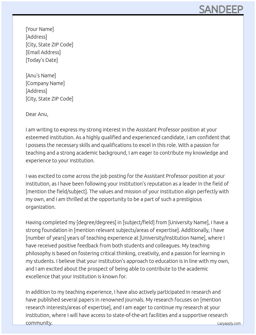 Assistant professor  At Anu Cover Letter